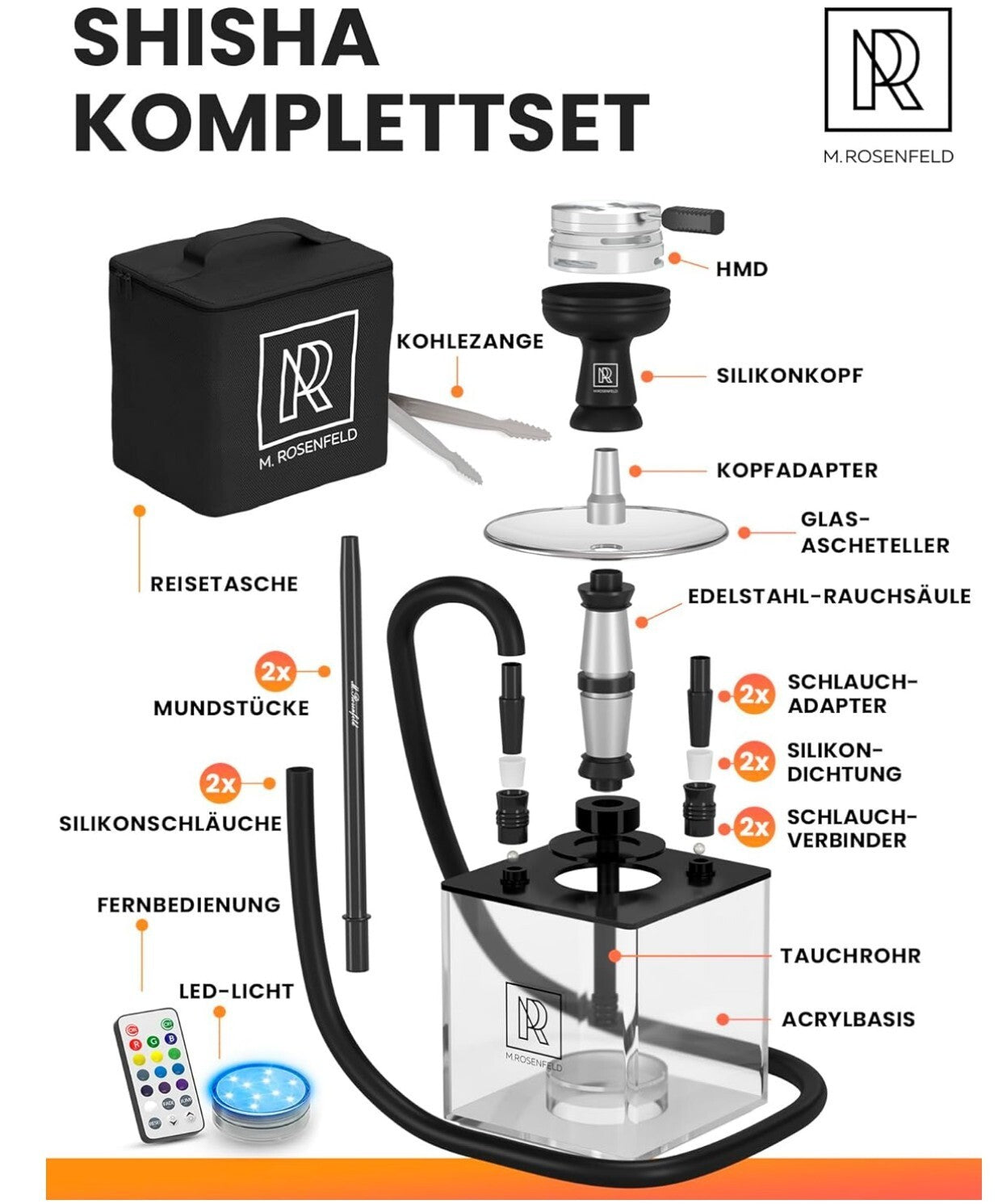 Shisha Set To Go Acryl mit 2 Schläuchem HMD LED Tasche Zubehör