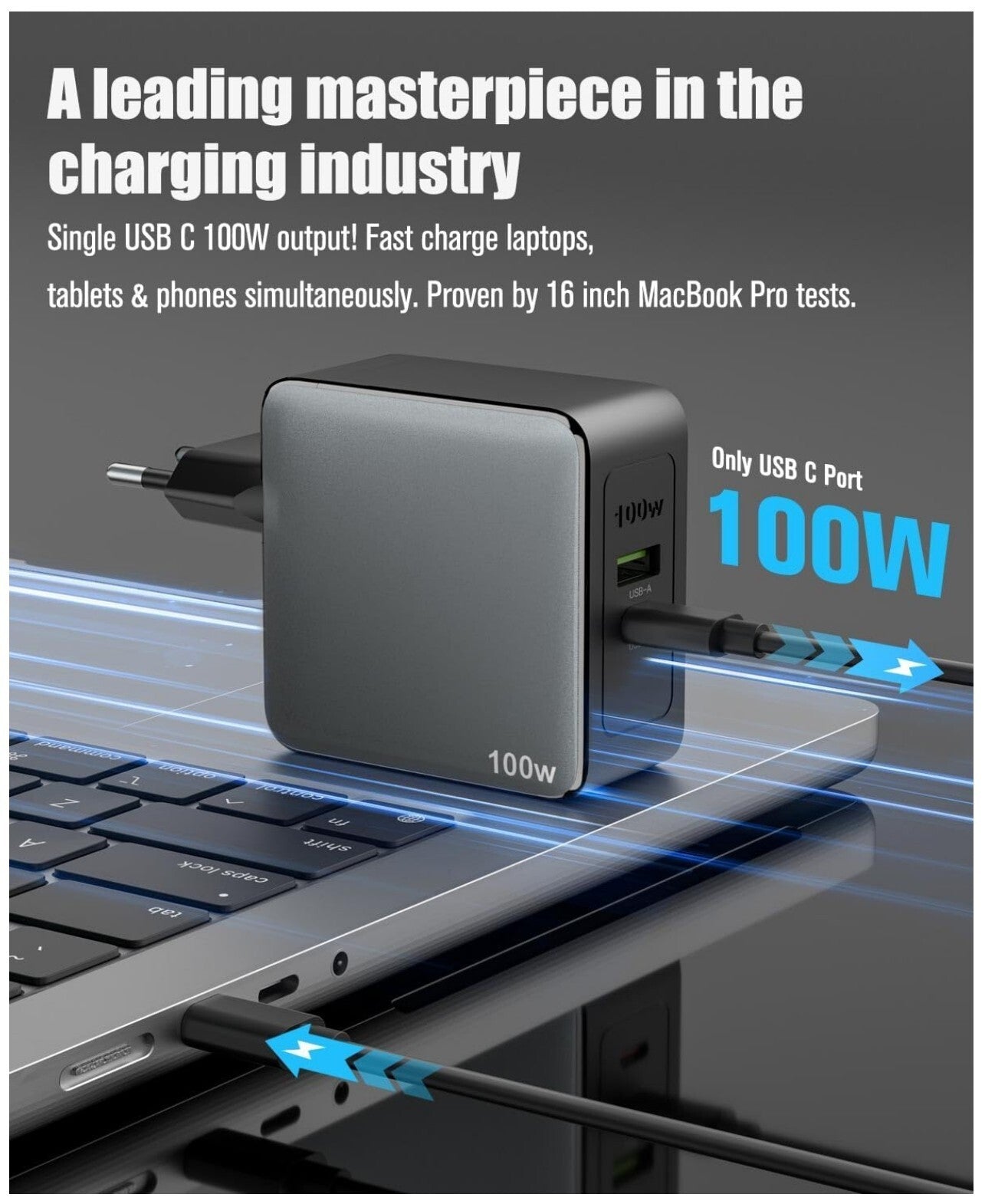 100W USB C+A GaN Ladegerät 2-Port MacBook iPhone Galaxy Grau