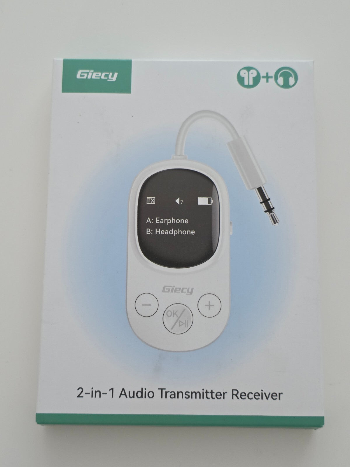 Bluetooth 2in1 Adapter 3,5mm Klinke OLED aptX Flugzeug Weiß