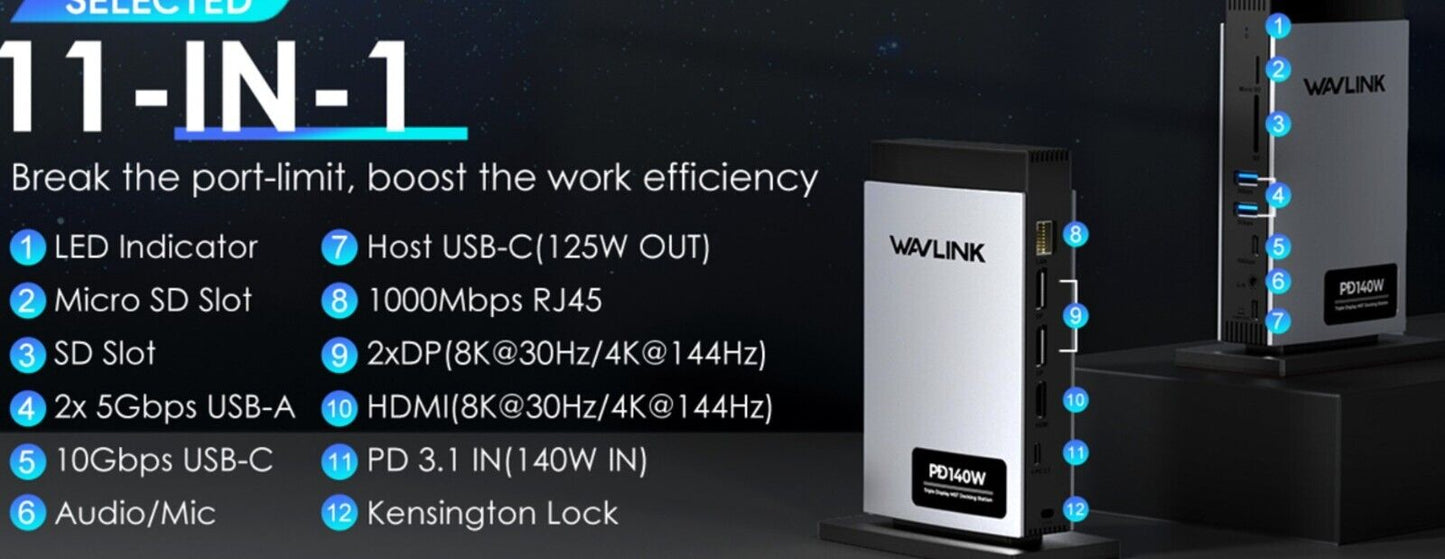 WAVLINK USB C Docking Station 125W Laden für Laptop, 11-in-1 Dreifach Display La