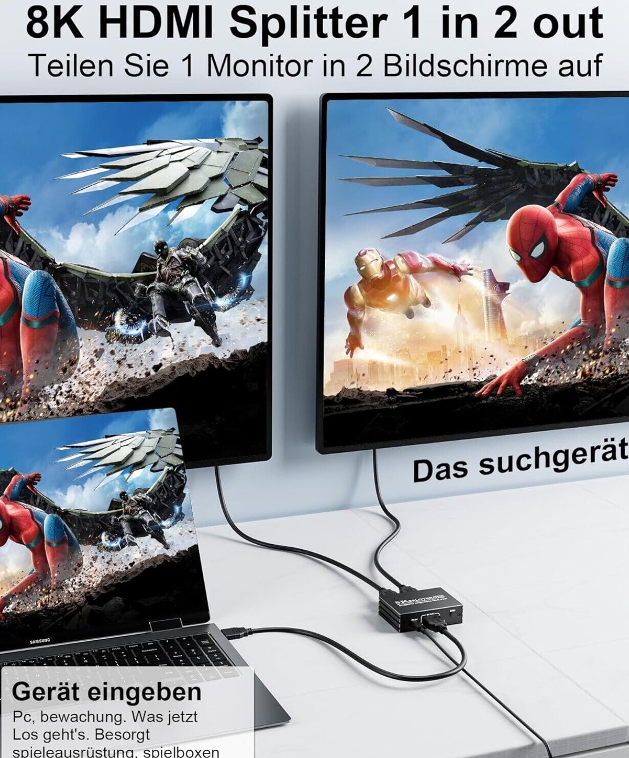 8K HDMI Splitter 1 in 2 Out - HDMI Verteiler 1 in 2 Out for Dual Monitor Mirror
