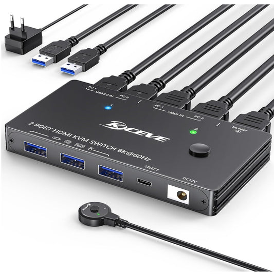 8K HDMI KVM Switch 2 PC 1 Monitor 4K@144Hz, USB 3.0, Kabelfernbedienung