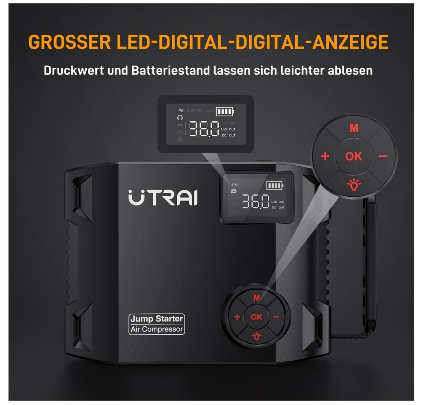 7000A Starthilfe Powerbank 27000mAh Kompressor 1600lm LED QC3.0