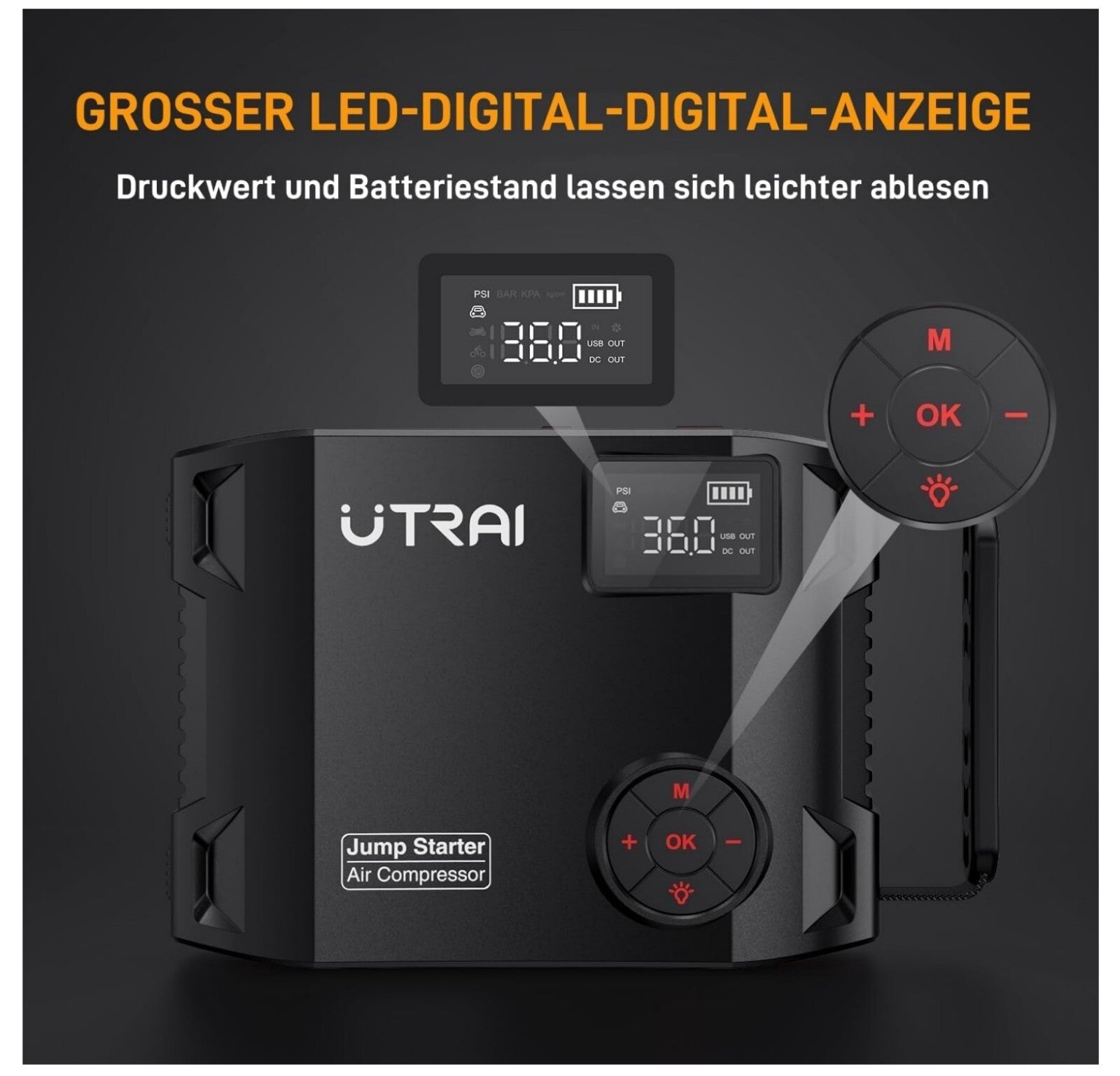7000A Starthilfe Powerbank 27000mAh Kompressor 1600lm LED QC3.0