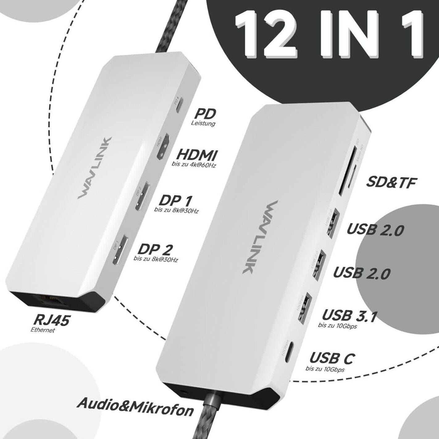 WAVLINK Laptop Dock Dual DP, HDMI, 100W PD, 10Gbps USB, 2,5G LAN