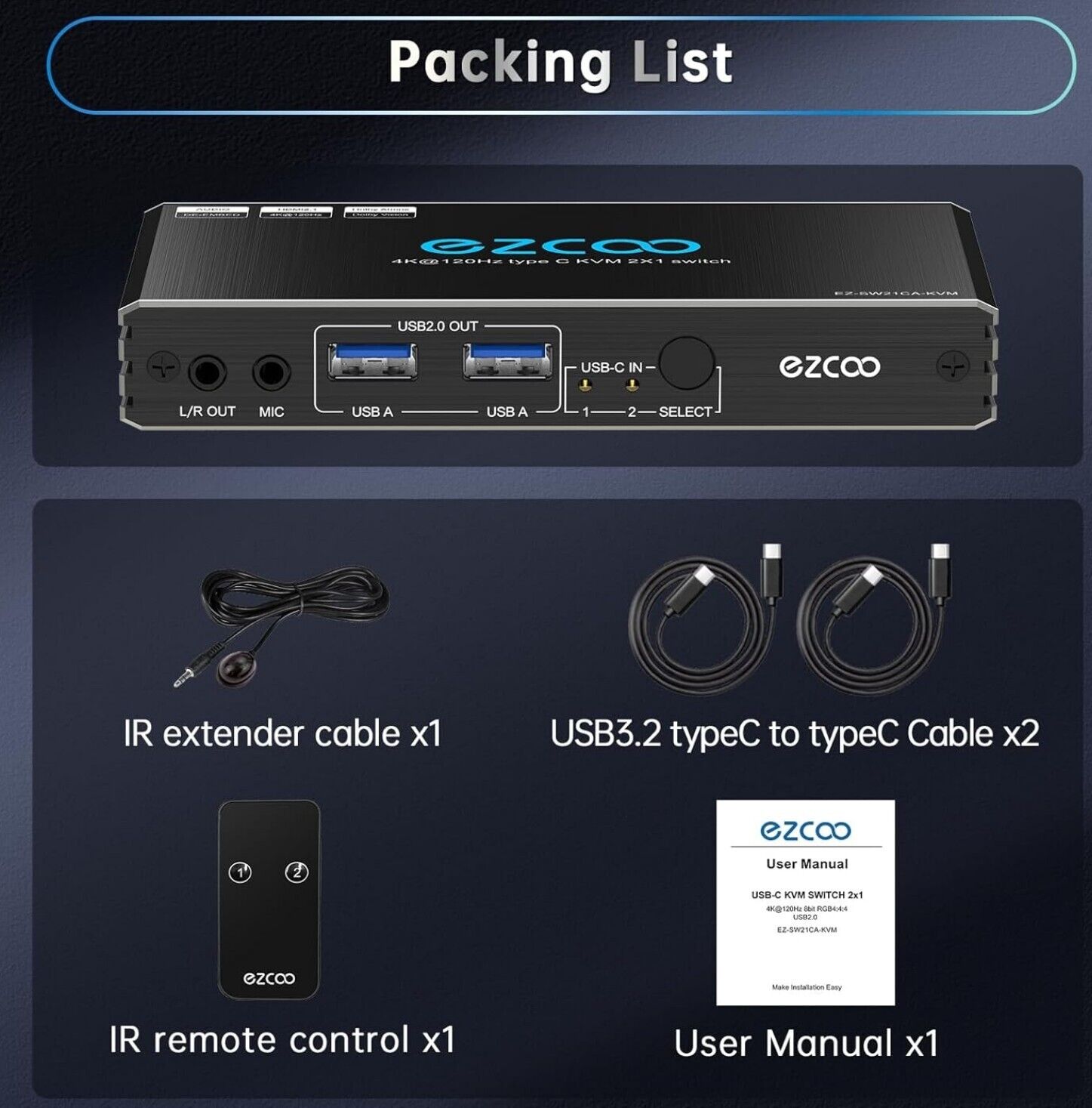 4K@120Hz USB-C KVM Switch HDMI 2.1 für 2 Laptops, PD100W, Fernbedienung