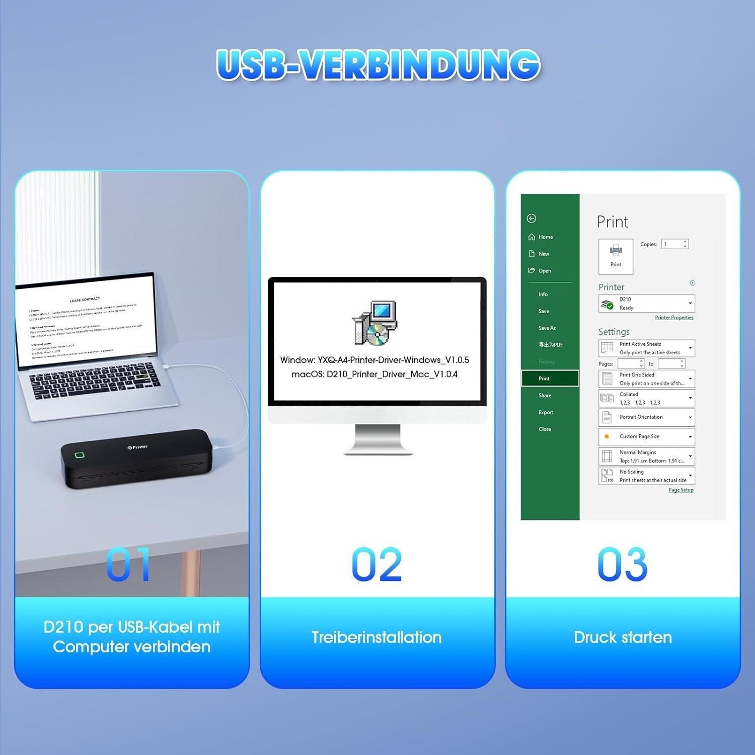 D210 A4 Thermodrucker Bluetooth Schwarz für iOS/Android