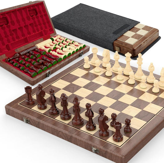 Premium 38 cm Walnuss Magnetisches Schach- und Dame-Set – 2-in-1