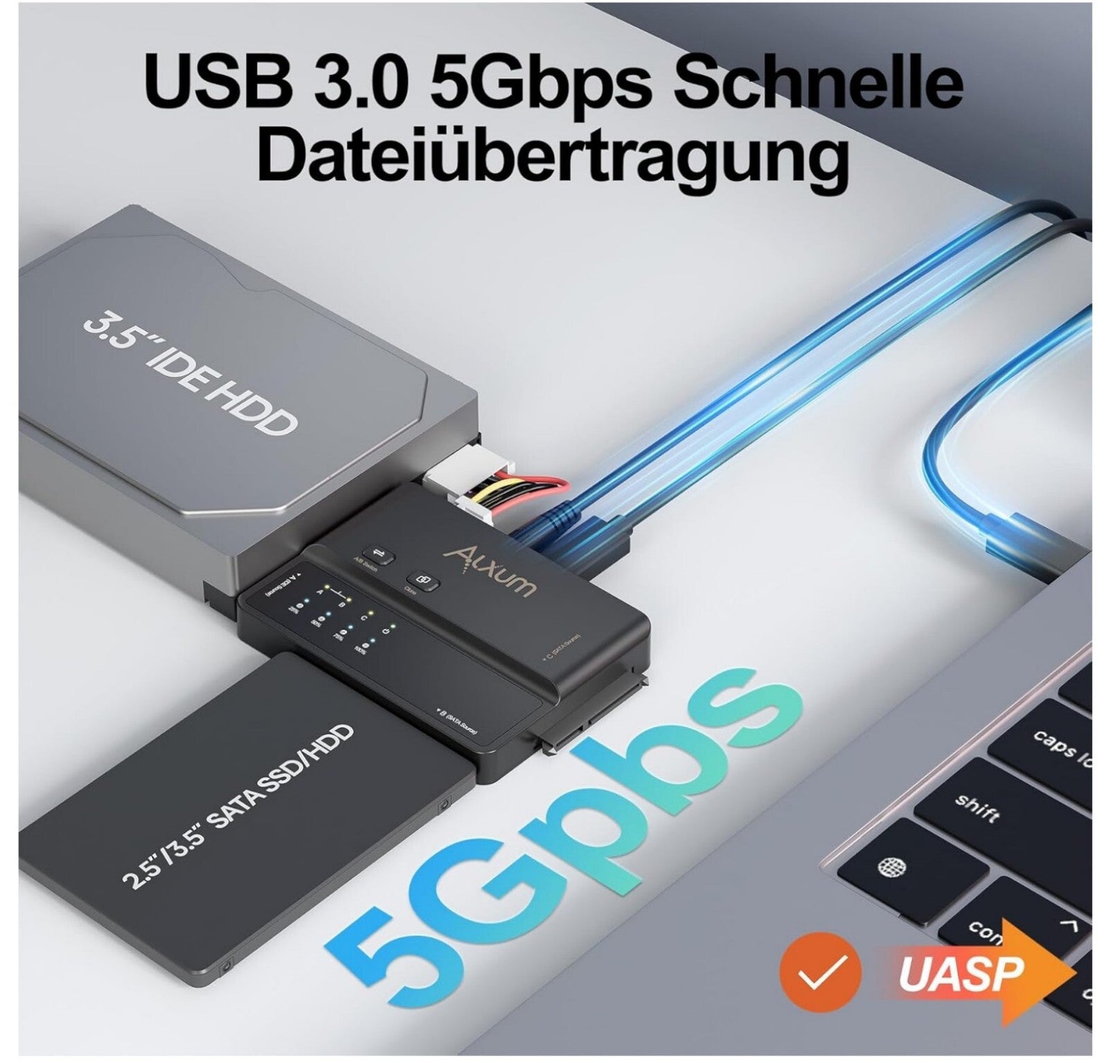 IIDE/SATA Adapter USB-C 5Gbps mit Offline-Klon, für 2.5"/3.5" HDD/SSD