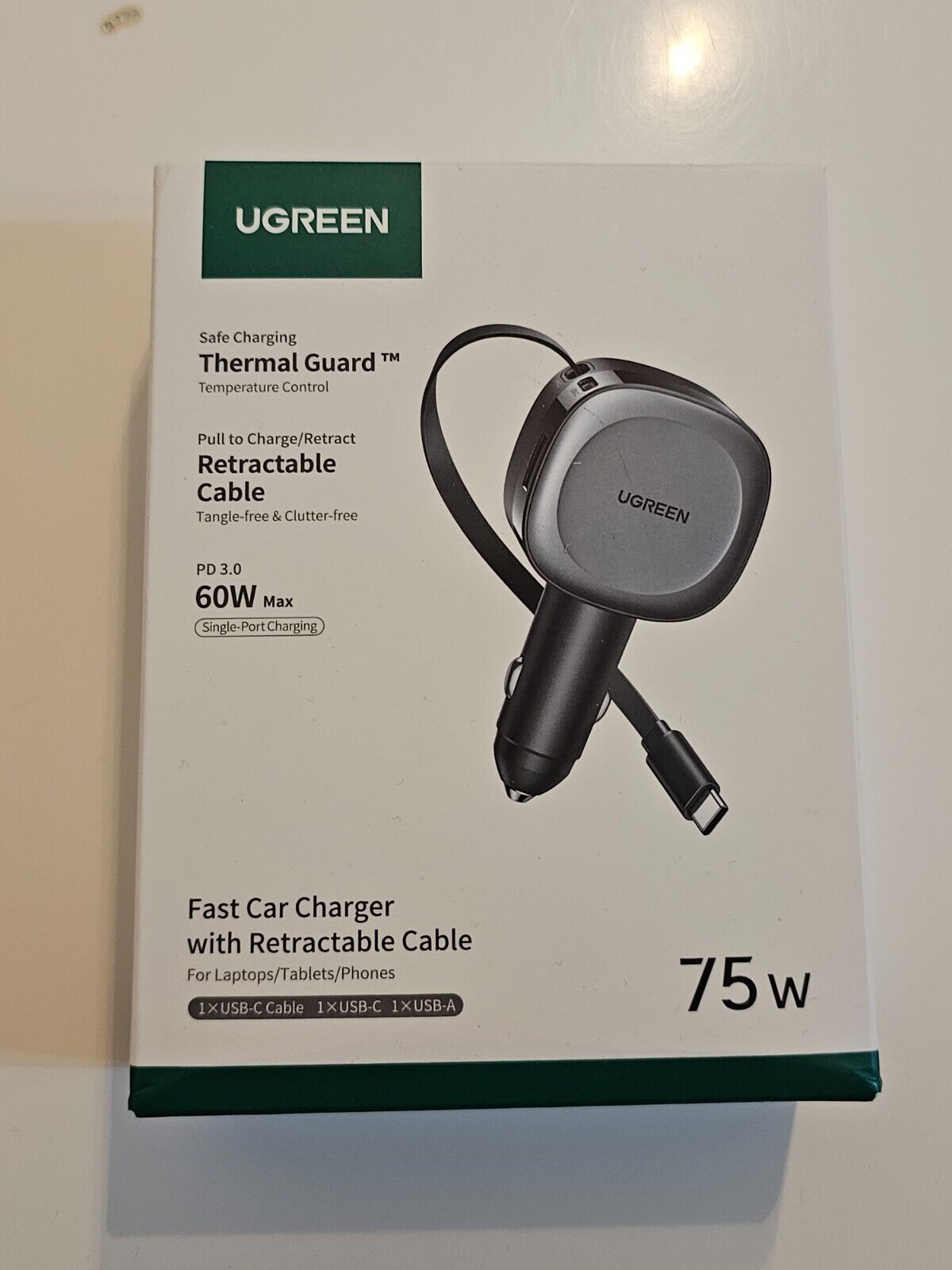UGREEN Einziehbares Auto Ladegerät 75W Zigarettenanzünder USB C kompaktes KFZ La