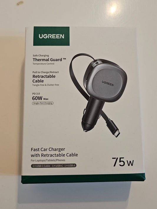 UGREEN Einziehbares Auto Ladegerät 75W Zigarettenanzünder USB C kompaktes KFZ La