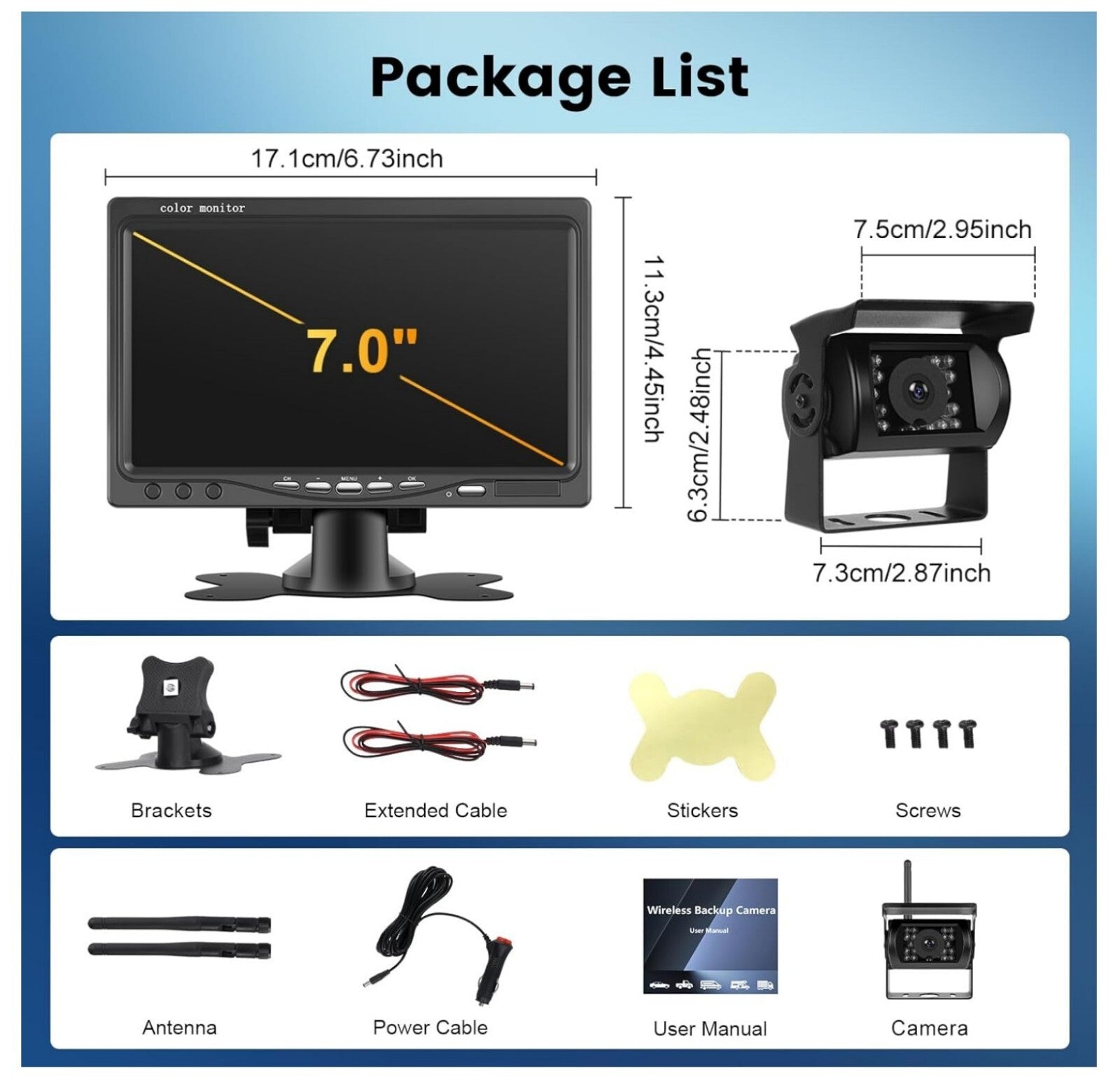 Rückfahrkamera Kabellos 7 Zoll HD Monitor Nachtsicht IP68 12V-36V