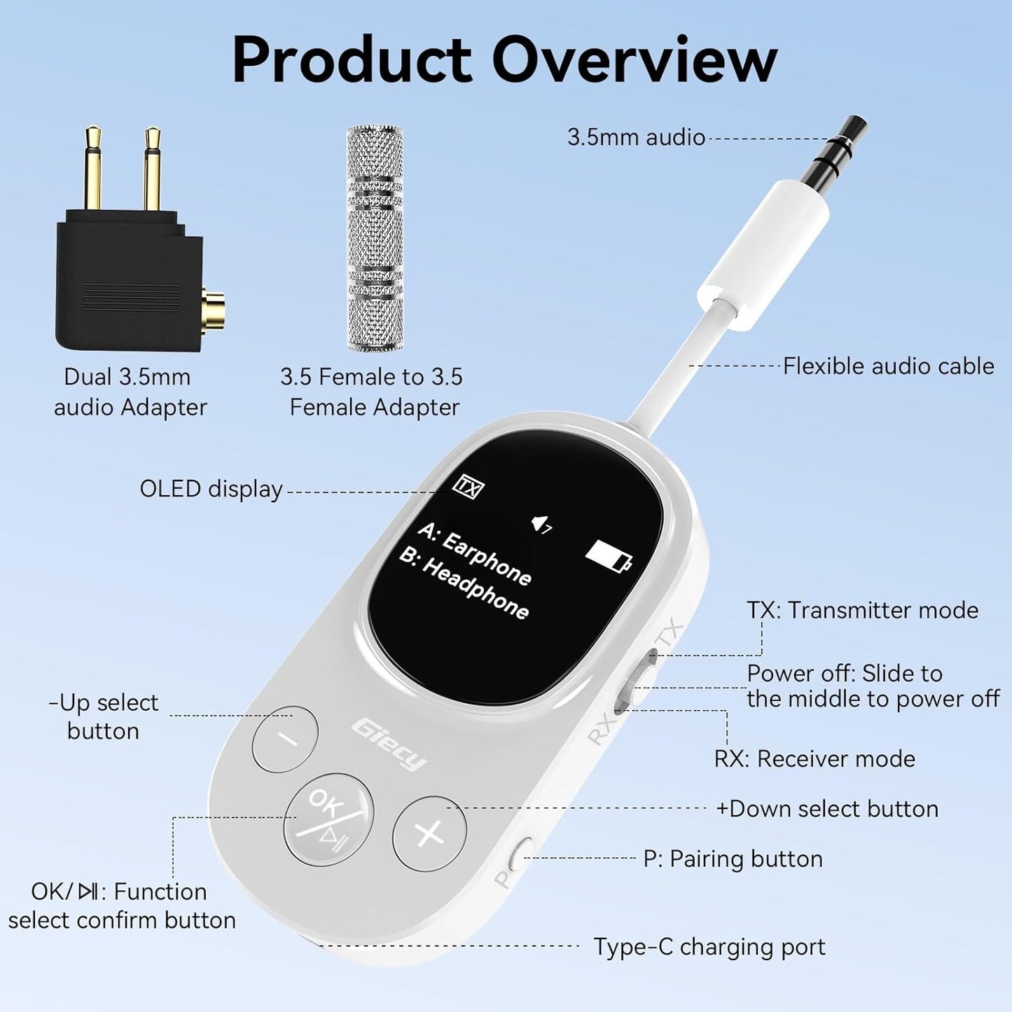 Bluetooth 2in1 Adapter 3,5mm Klinke OLED aptX Flugzeug Weiß