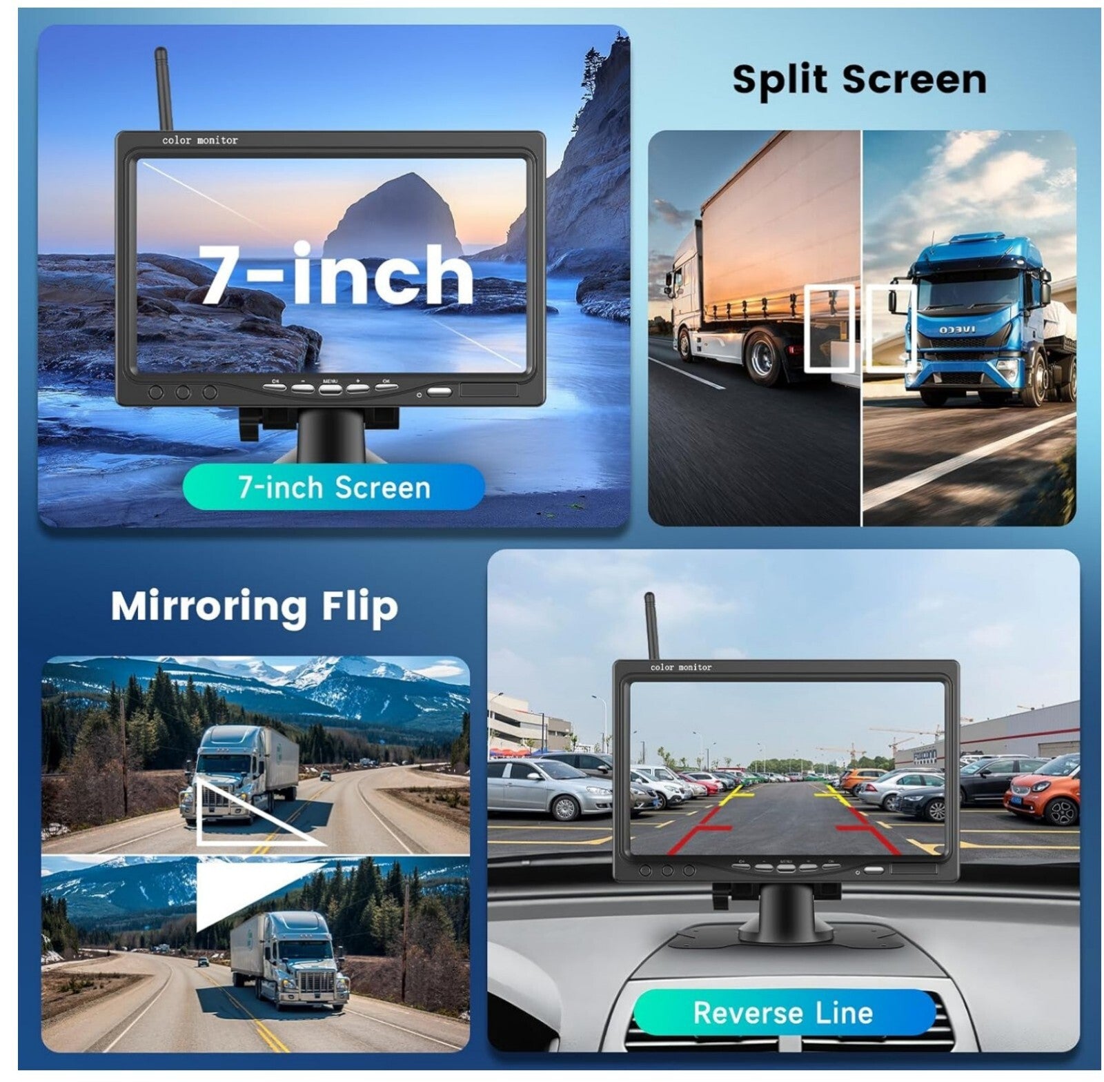 Rückfahrkamera Kabellos 7 Zoll HD Monitor Nachtsicht IP68 12V-36V