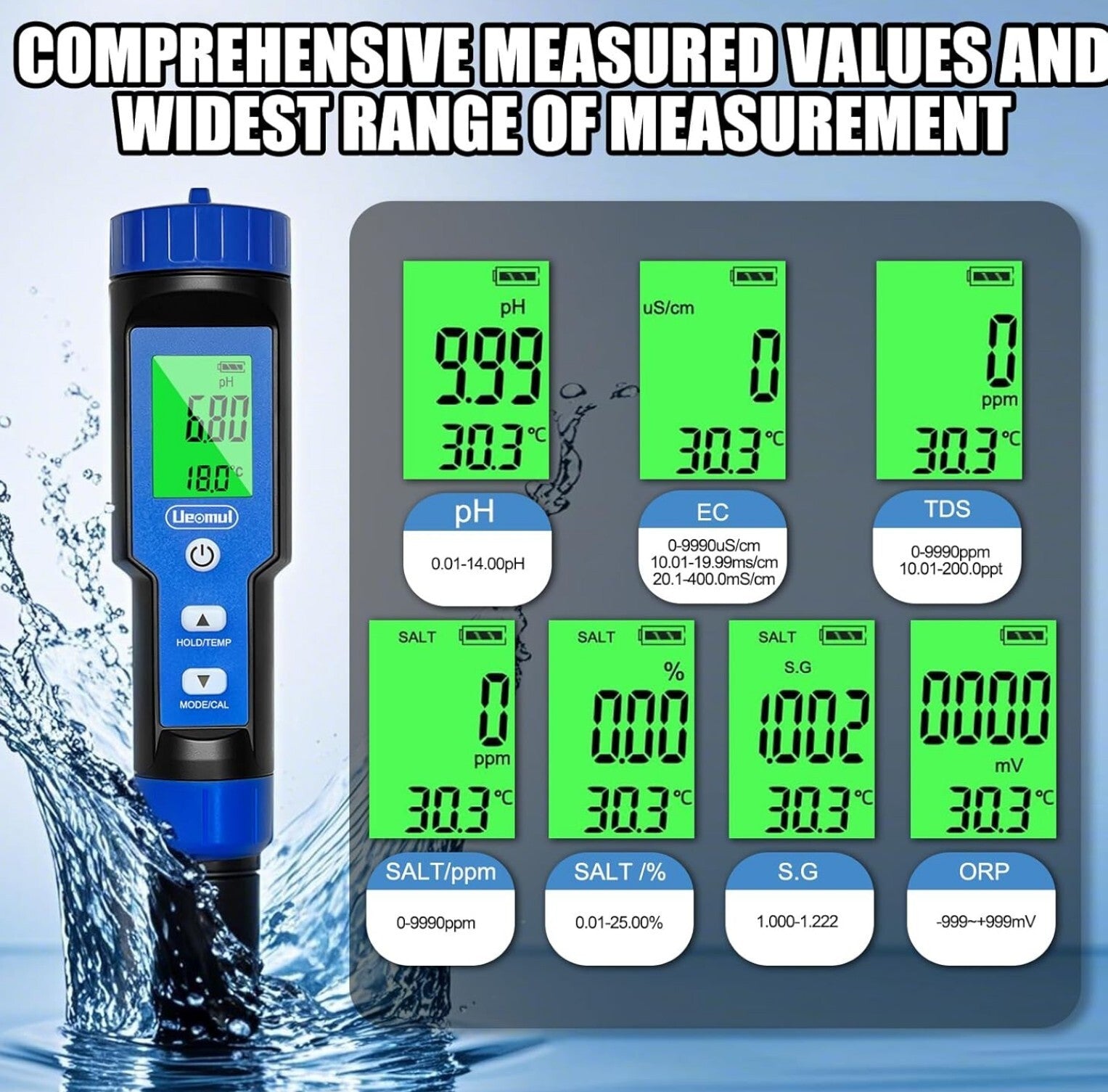 7-in-1 pH Messgerät TDS EC Salz ORP S.G Temp für Pool Aquarium