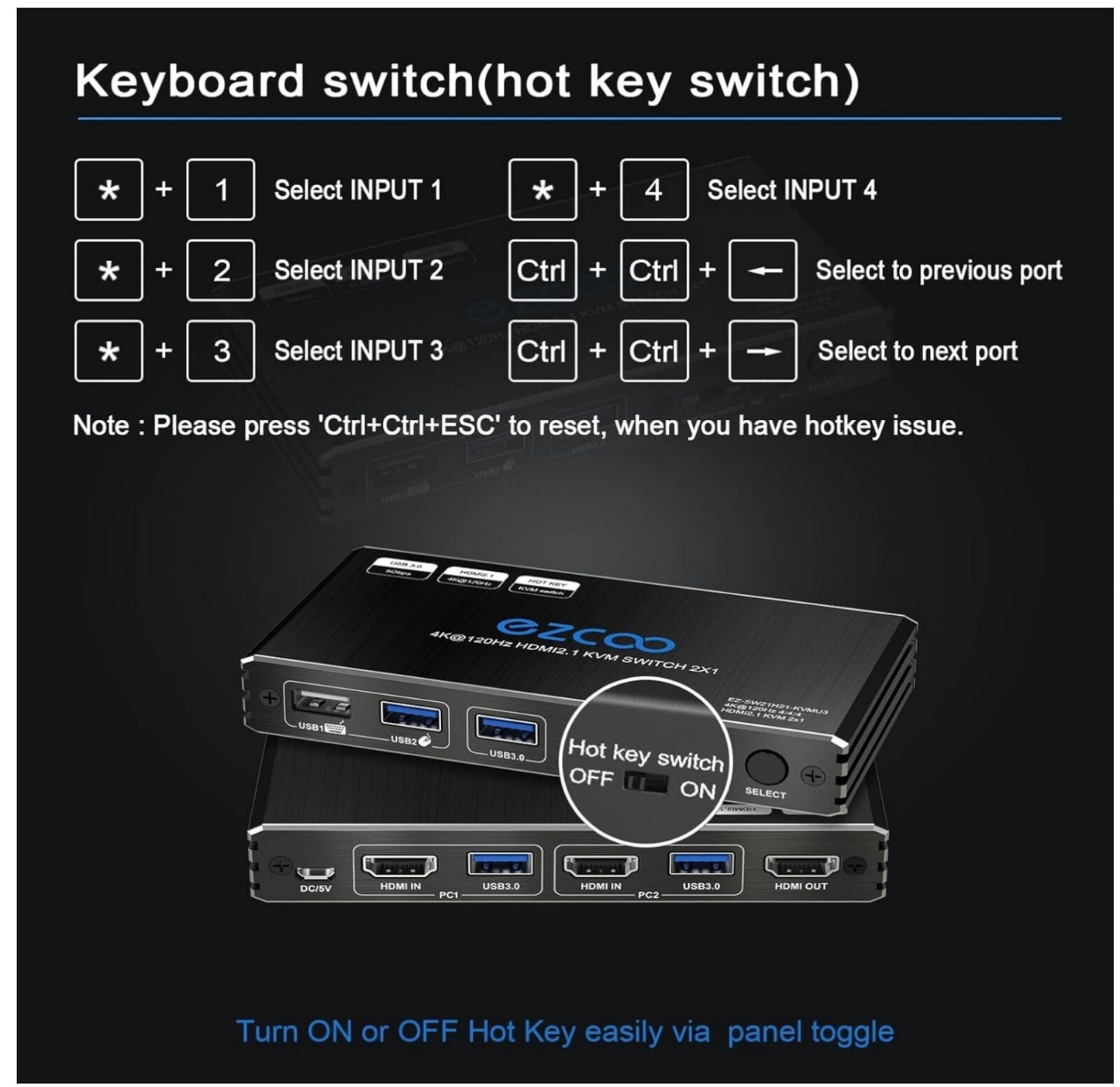 8K HDMI 2.1 KVM Switch 2 Ports USB3.0 4K@120Hz Hotkey 2 PCs - 1 Monitor