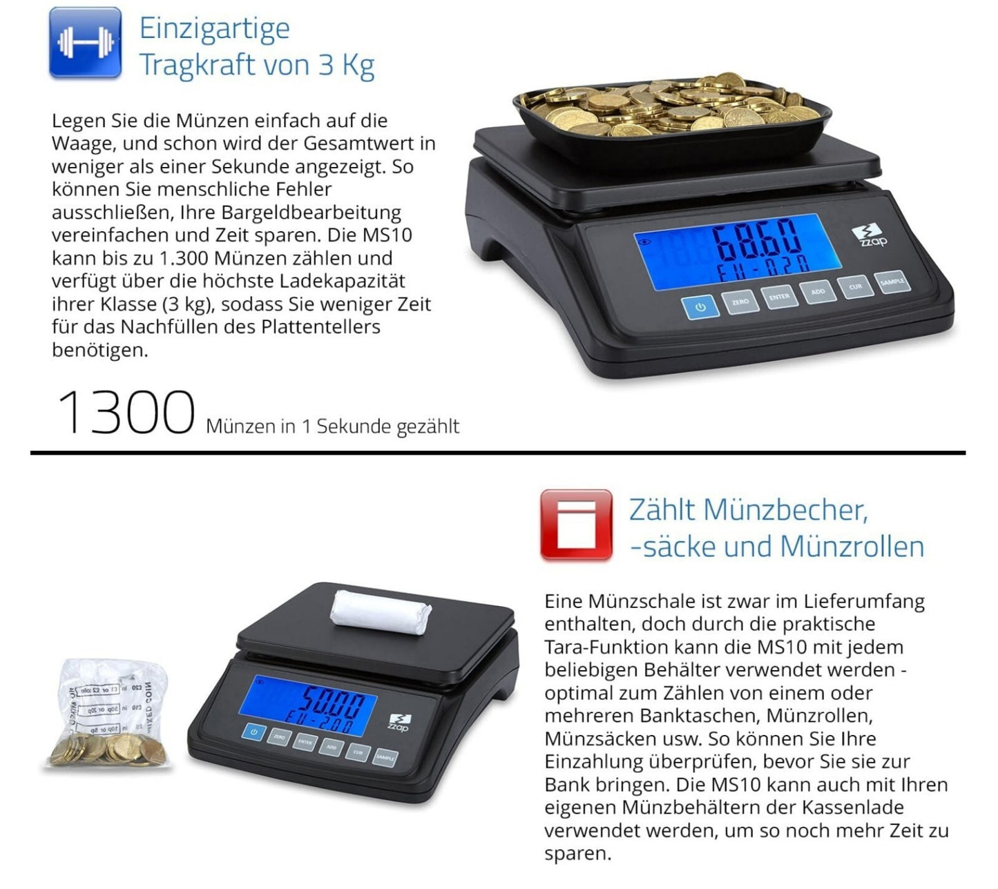 Münzzählwaage 3kg 5 Währungen Batterie/Netz USB-Export