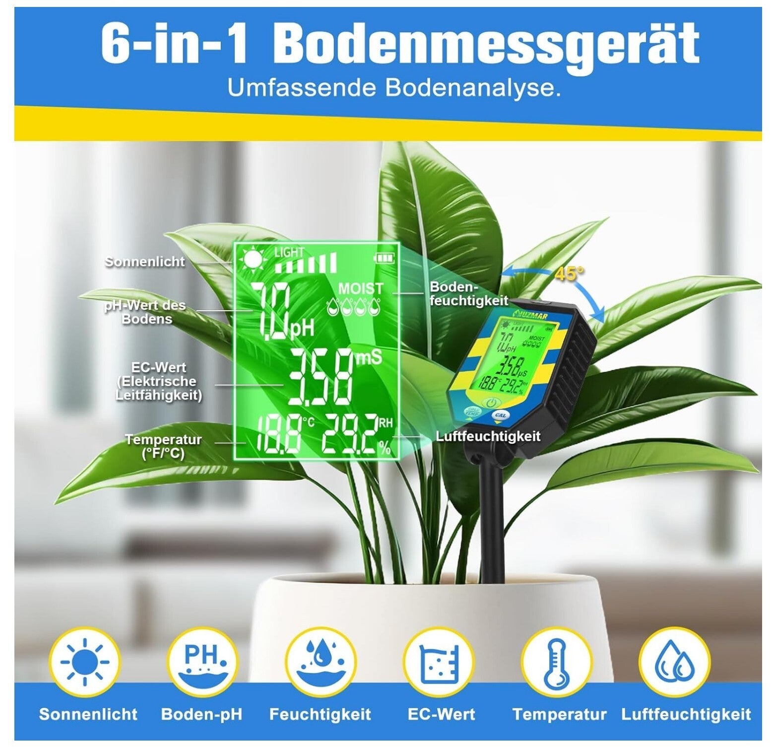 6-in-1 Bodenfeuchtigkeitsmessgerät pH EC Licht Temperatur Garten