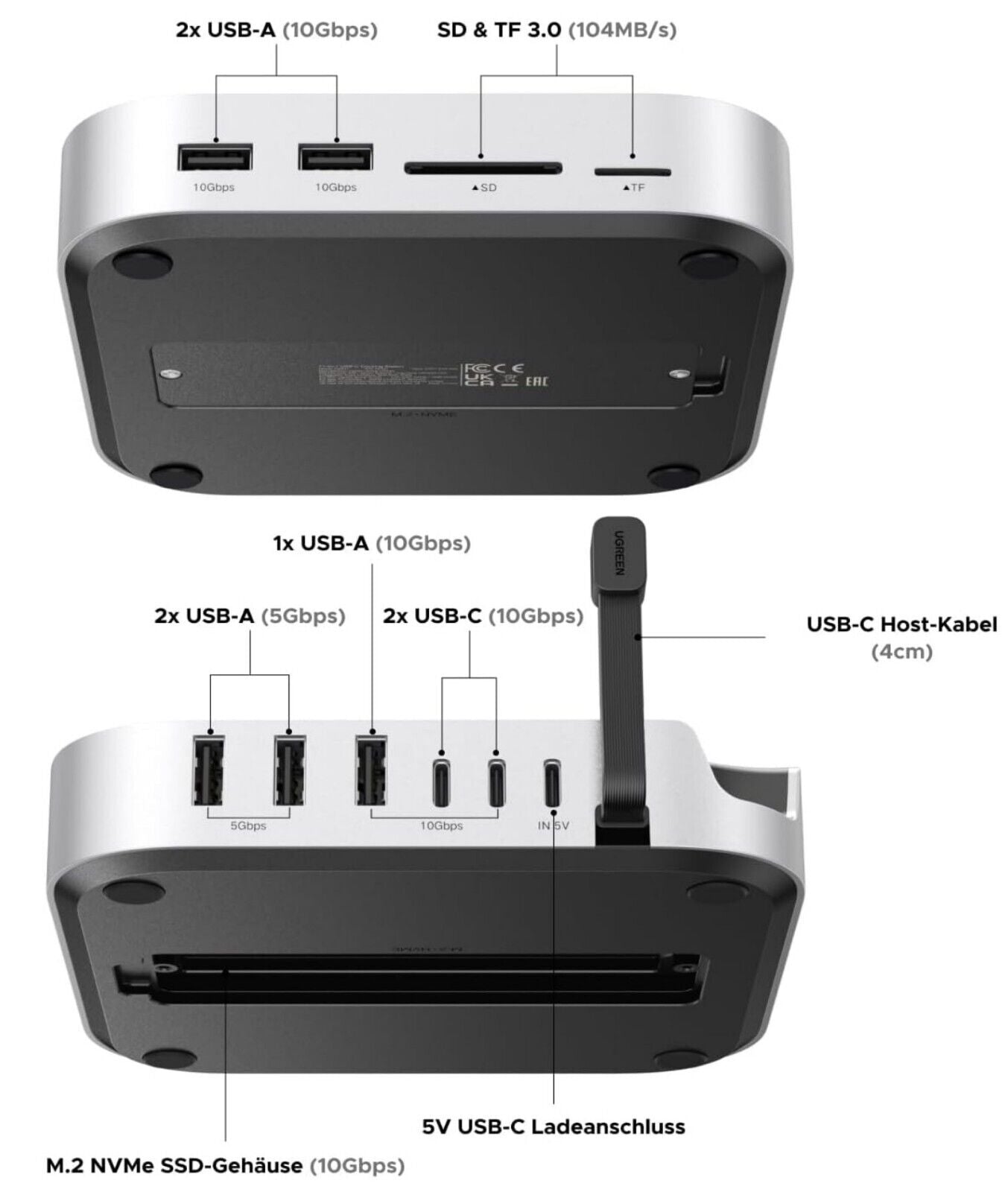 Mac Mini M4 Dock USB C Hub mit M.2 NVMe SSD 7 Ports Grau