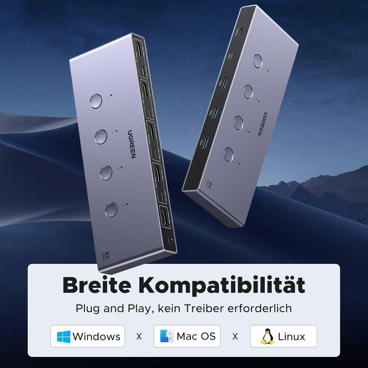 HDMI 2.1 KVM Switch 8K@60Hz 4K@240Hz/120Hz 4 Ports USB 3.0 für 2 PCs 1 Monitor