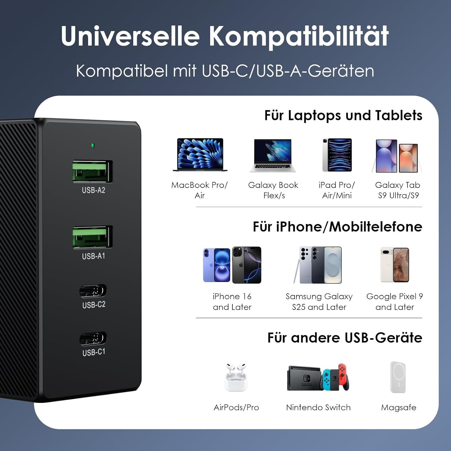 100W USB-C GaN Ladegerät 4-Port Schnellladegerät Schwarz