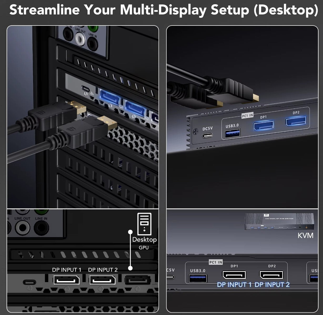 8K Dual DP KVM-Switch 8K@60Hz 4K@120/144Hz 1080P@165Hz 2 PCs 2 Monitore USB 3.0