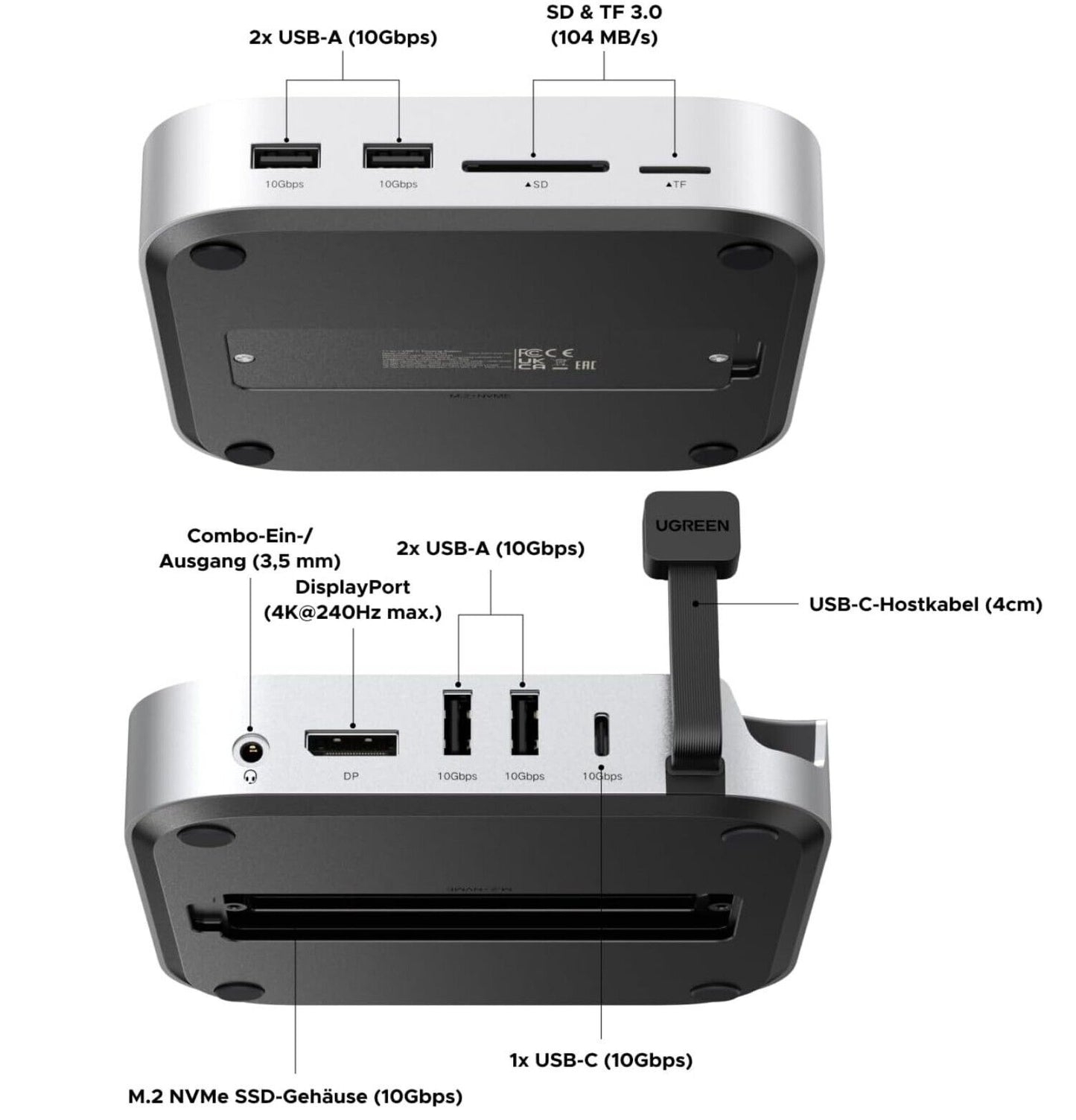 Mac Mini M4 Dock 4K DisplayPort, 10Gbps USB, M.2 SSD, SD/TF grau