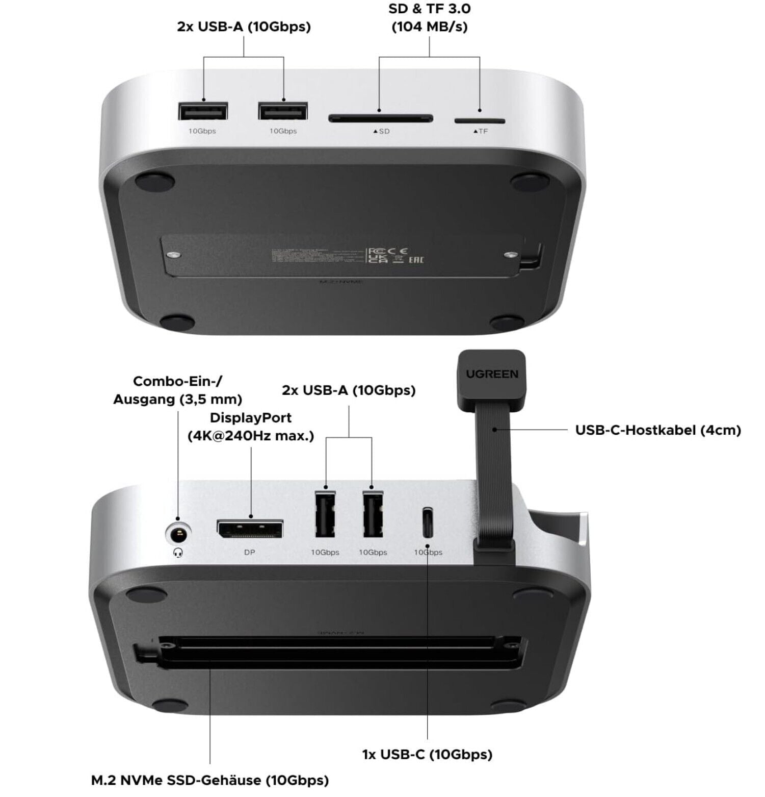 Mac Mini M4 Dock 4K DisplayPort, 10Gbps USB, M.2 SSD, SD/TF grau