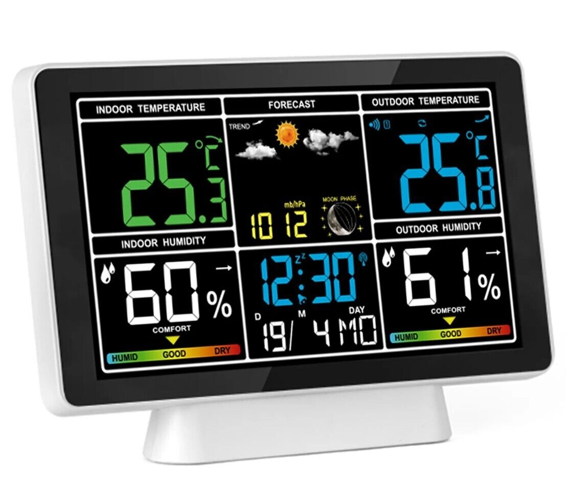 RCC Wetterstation Farb-LCD-Display Innen/Außen Thermometer-Hygrometer mit Wecker