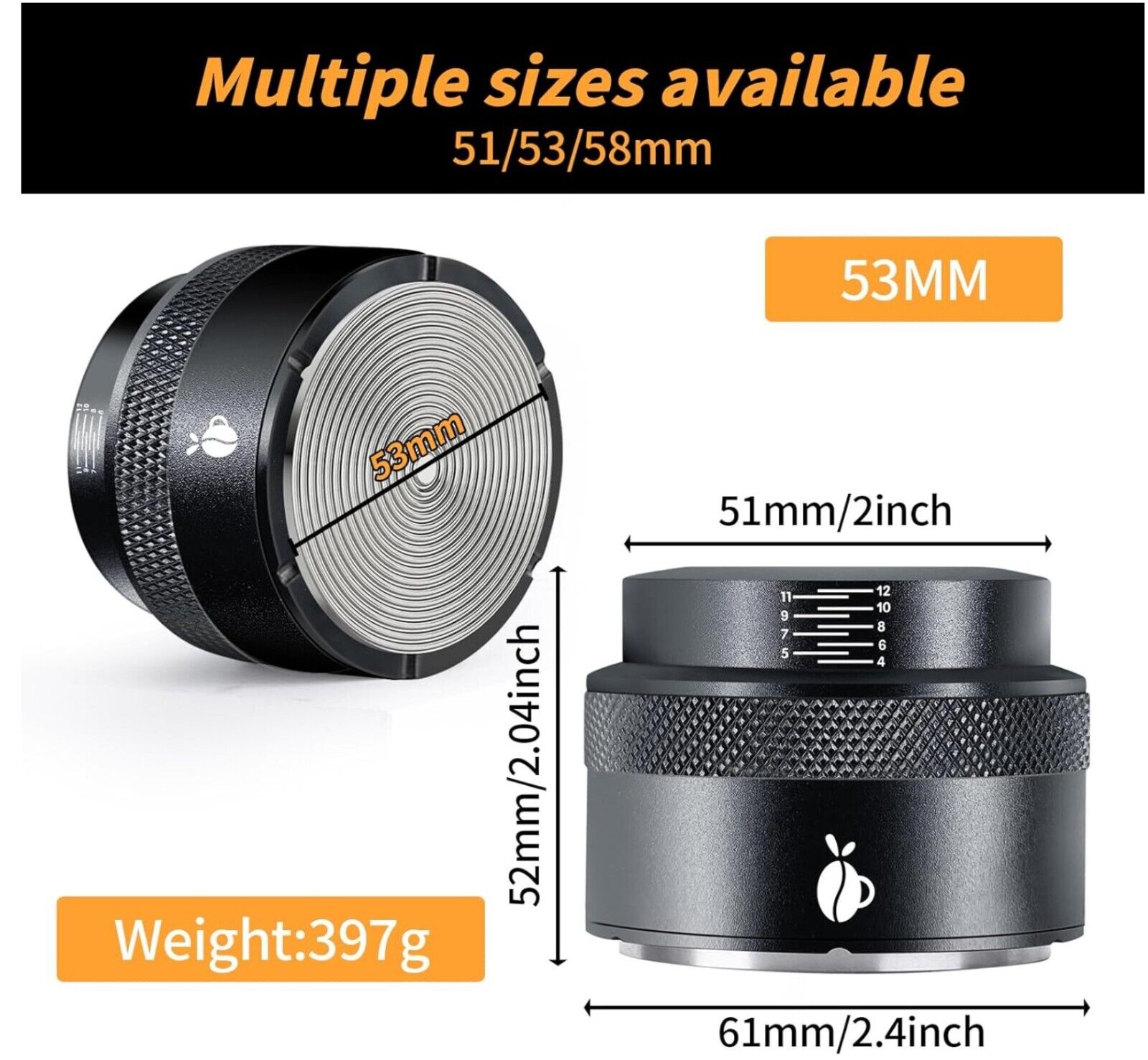 Espresso-Stempel 53mm Edelstahl Federbelastet Einstellbar Schwarz