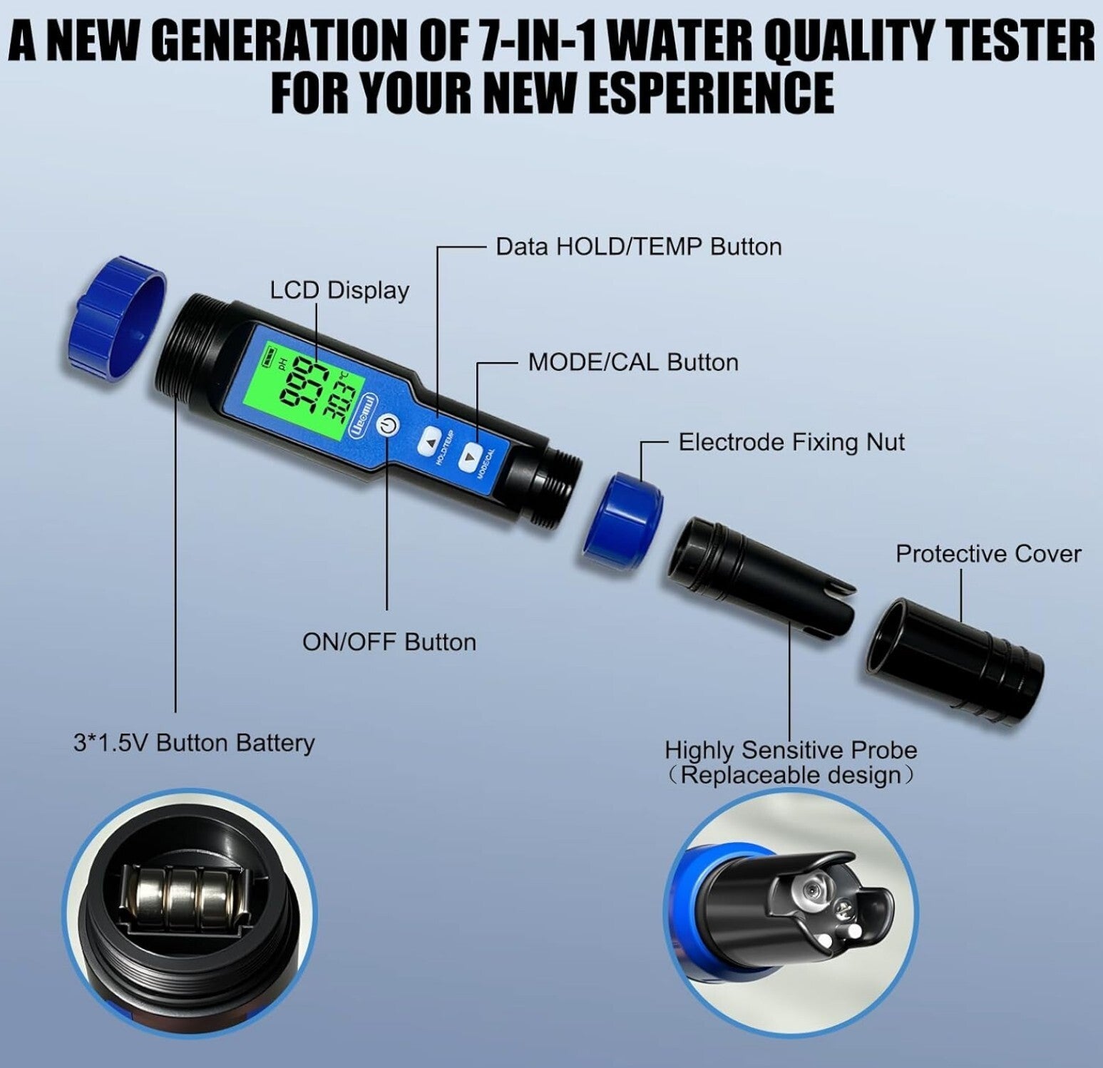 7-in-1 pH Messgerät TDS EC Salz ORP S.G Temp für Pool Aquarium