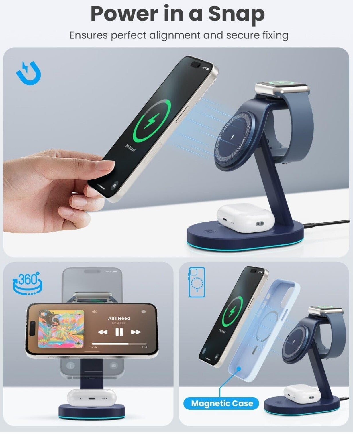 3 in 1 Mag-Safe Ladestation 15W für iPhone Apple Watch AirPods Tiefblau