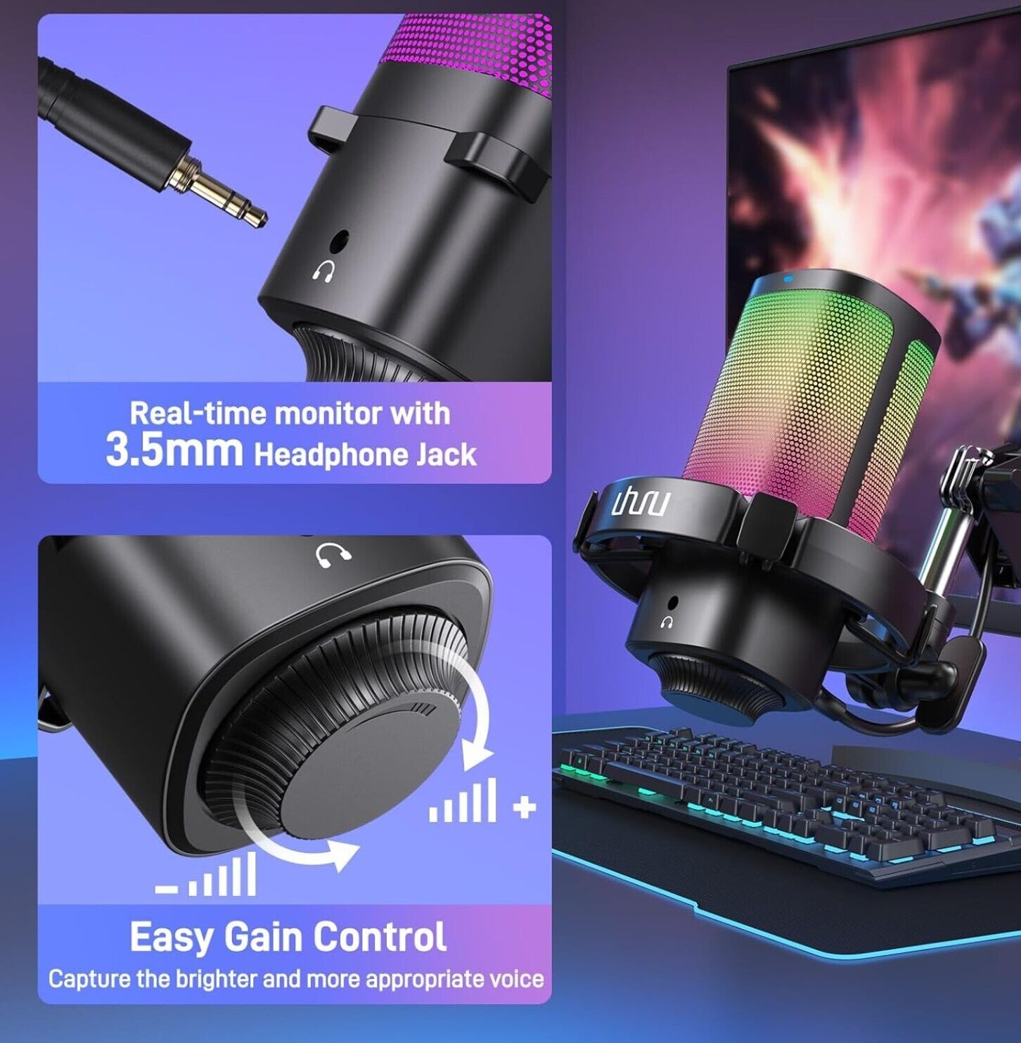 uhuru Gaming USB-Mikrofon für PC, Computermikrofon mit steuerbarem RGB für PS4/5