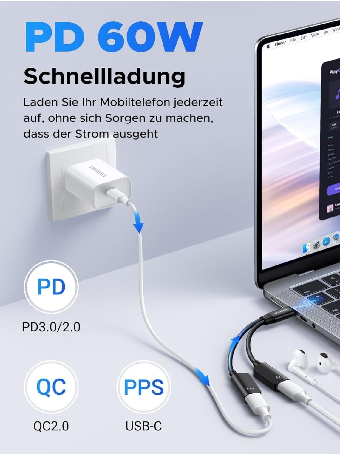 UGREEN Magnetischer USB-C Kopfhörer Adapter 60W Schnellladung iPhone 16 Samsung