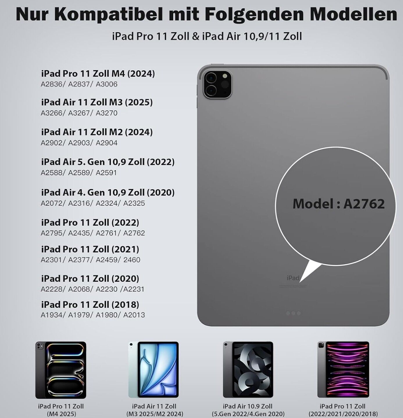 Tastatur Hülle iPad Air 11 M3 2025/M2 2024, Pro 11 M4, Schwarz