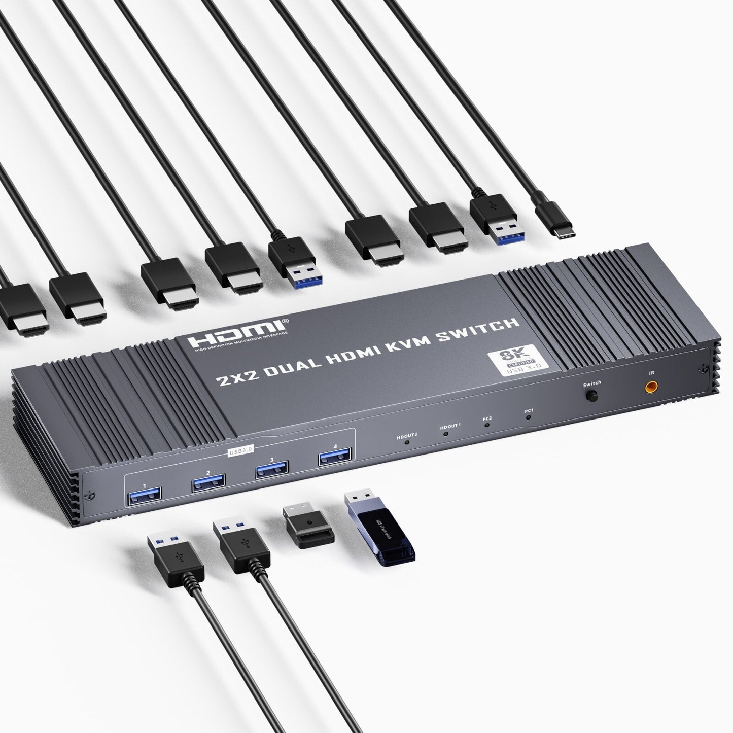 8K Dual HDMI KVM-Switch 8K@60Hz 4K@120/144Hz 1080P@165Hz 2 PC 2 Monitore USB 3.0