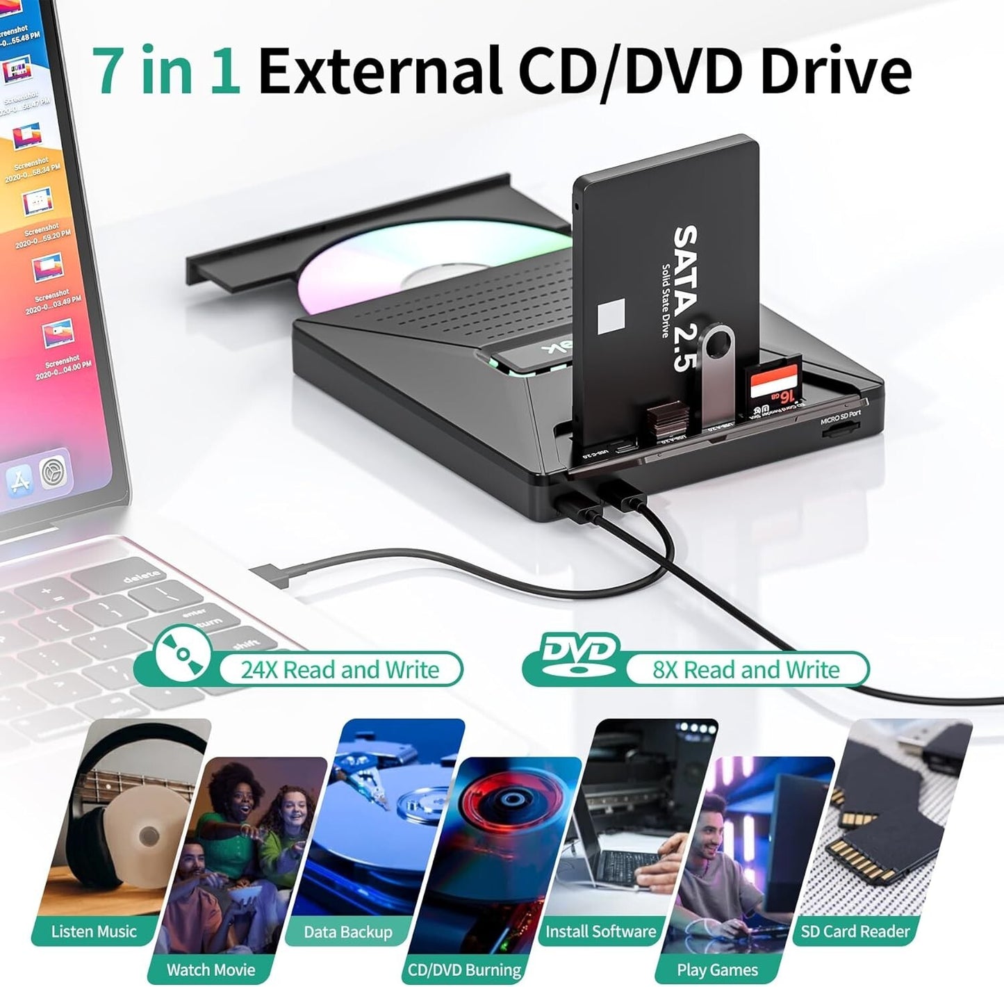 7-in-1 Externes CD/DVD Laufwerk SATA USB-C/A Hub SD-Kartenleser