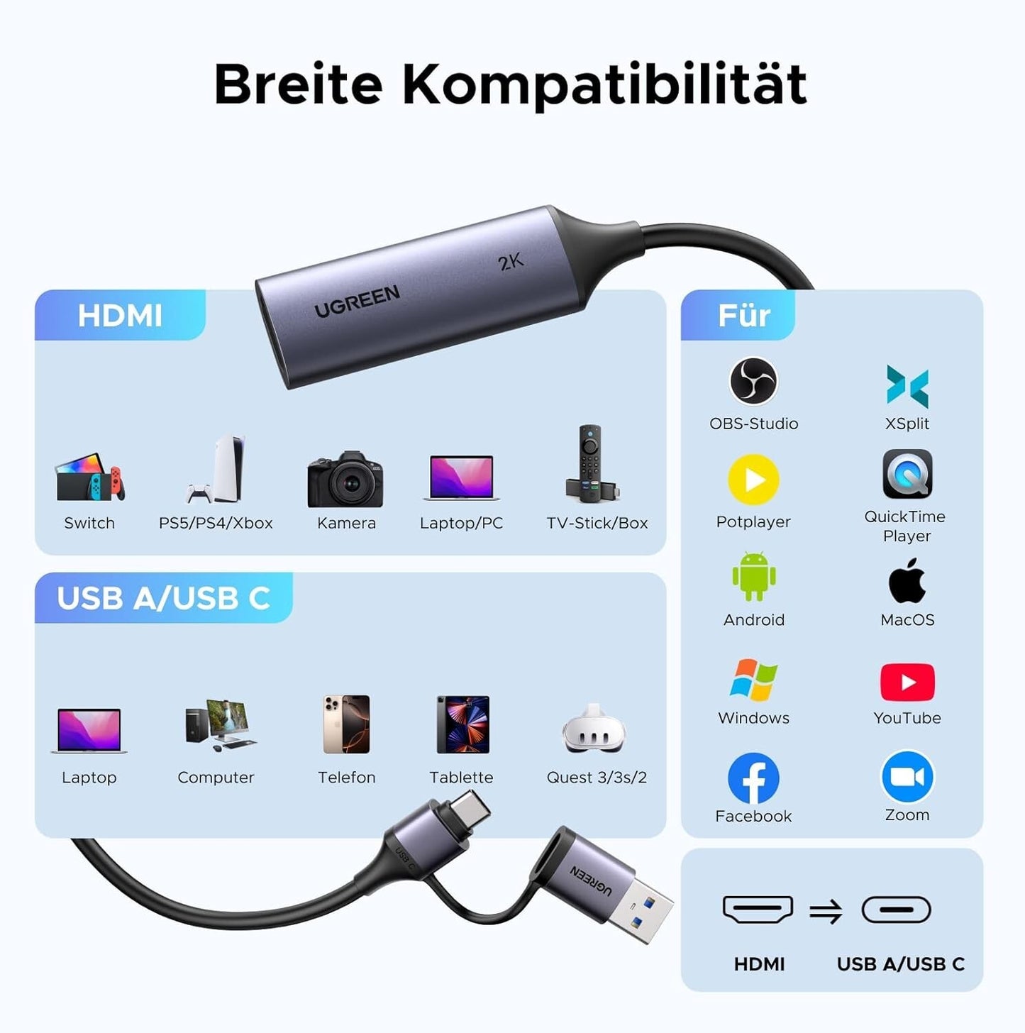 Video Capture Card HDMI auf USB-C/A 4K@30Hz 2K@30Hz Grabber