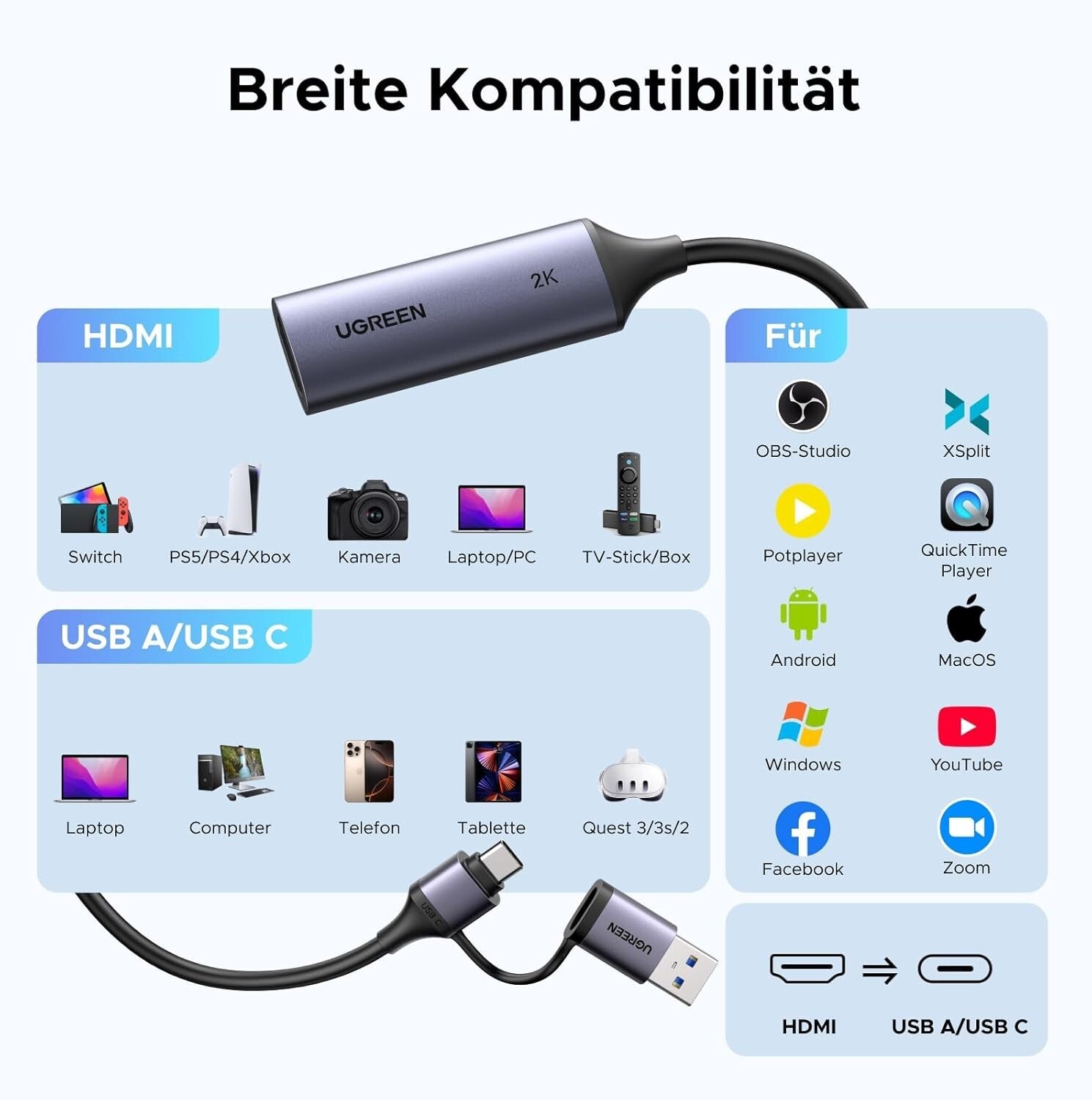 Video Capture Card HDMI auf USB-C/A 4K@30Hz 2K@30Hz Grabber
