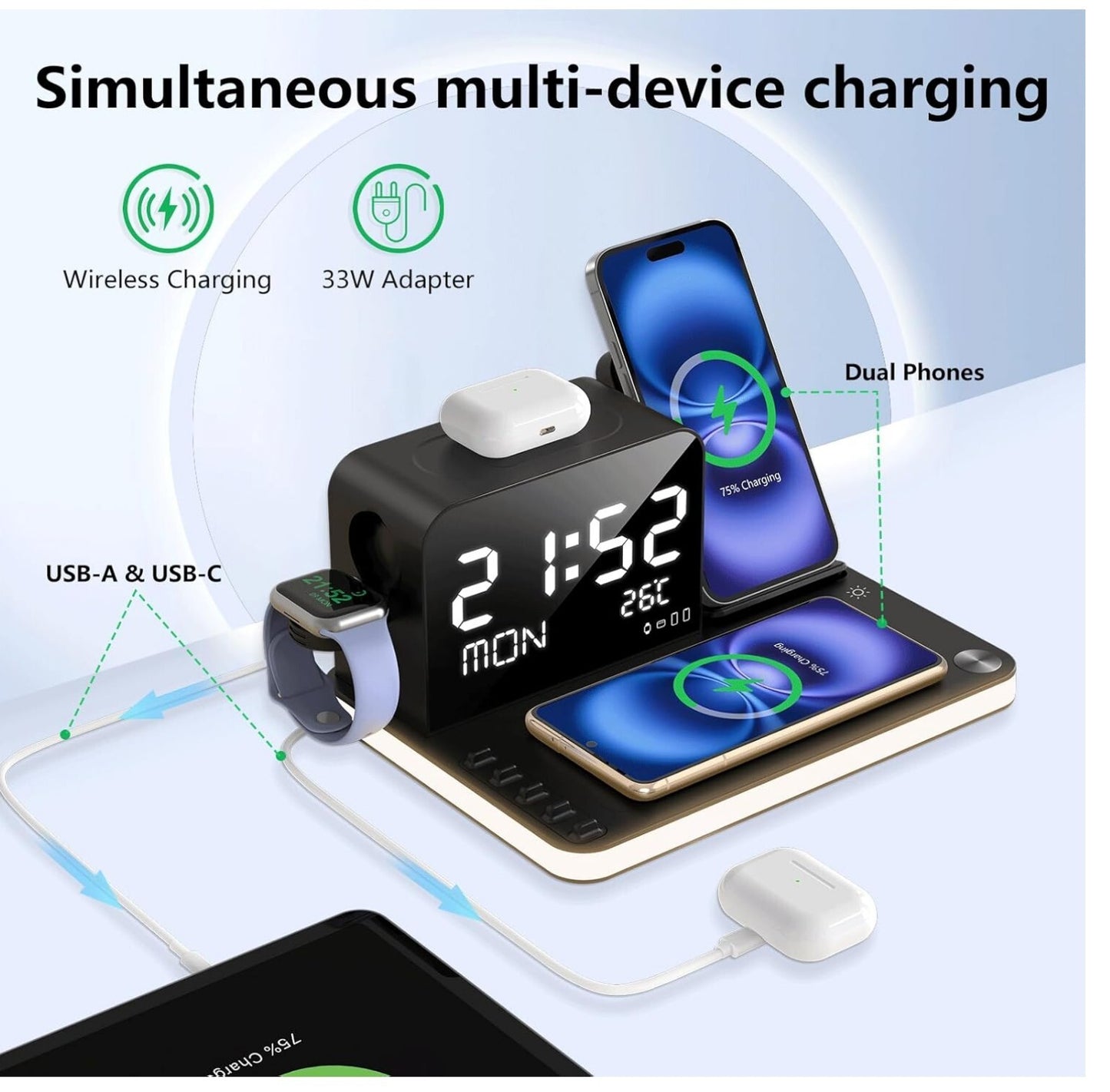 7-in-1 Wireless Ladestation mit Smart-Clock & Nachttischlicht Schwarz