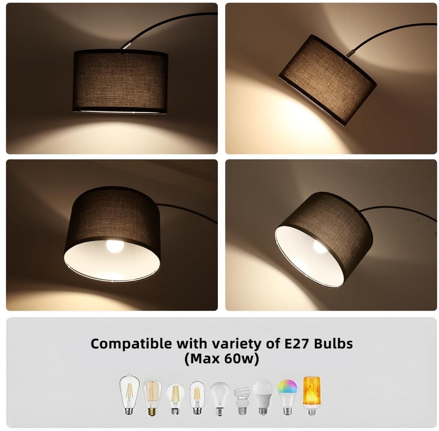 Bogenlampe Vintage Stoffschirm 33cm Schwarz LED E27 Fußschalter