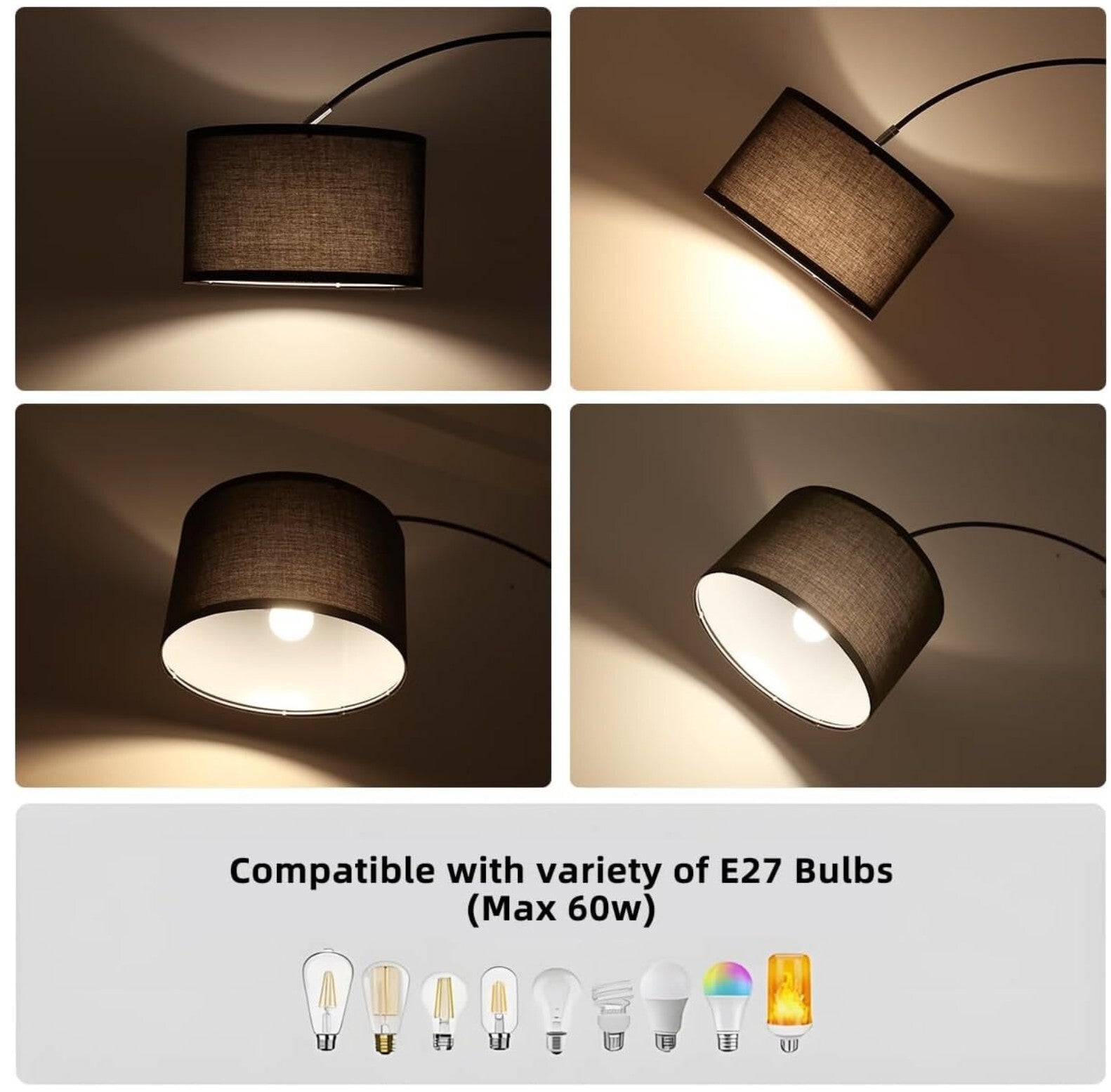 Bogenlampe Vintage Stoffschirm 33cm Schwarz LED E27 Fußschalter