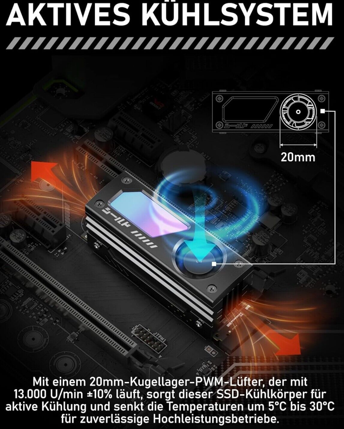 ARGB M.2 SSD-Kühler mit 20mm PWM-Lüfter, Premium-Aluminium-Design, 5V 3-Pin ARGB