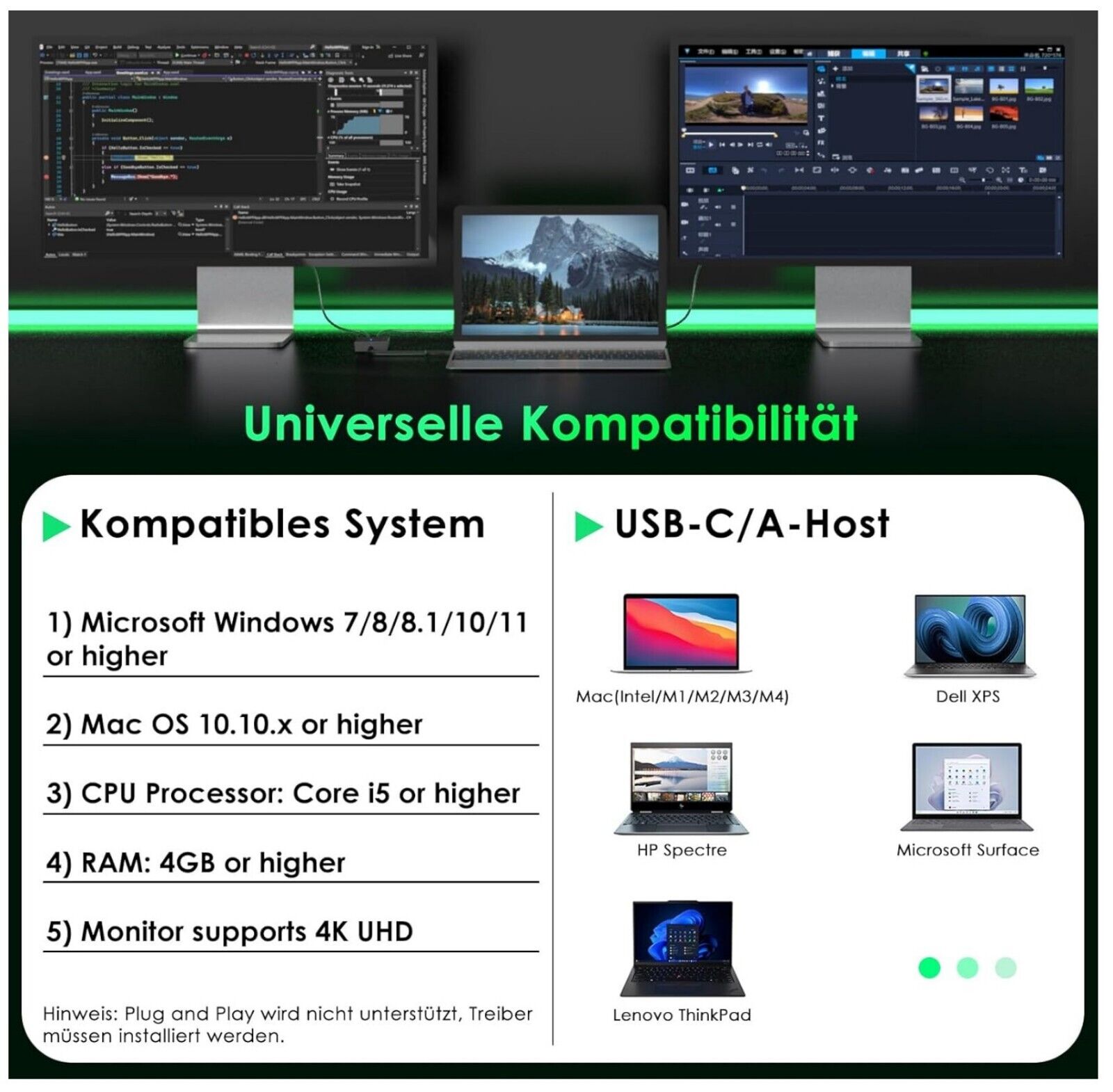 USB 3.0/USB C Dual HDMI Adapter 4K@30Hz + 1080p@60Hz