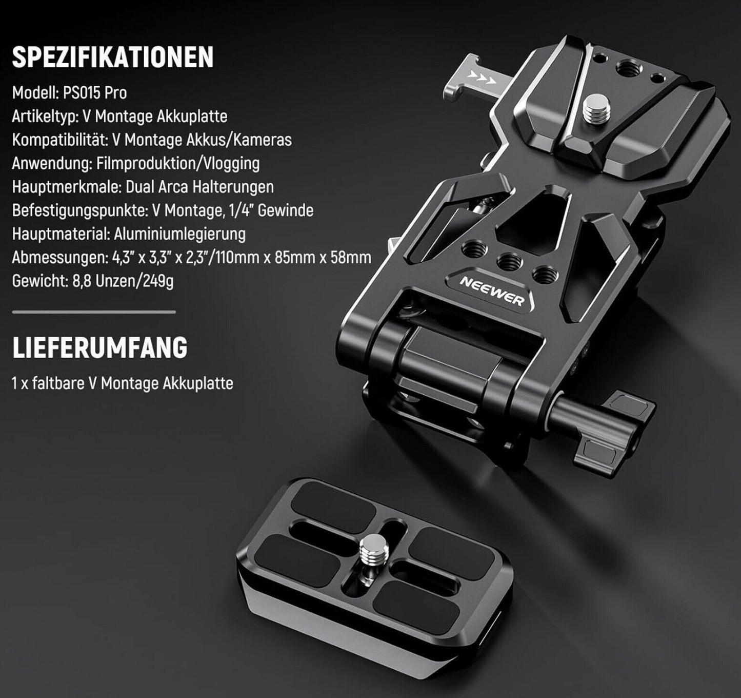 Faltbare V Mount Akkuplatte Arca Typ für DSLR Rig DJI RS4 RS3
