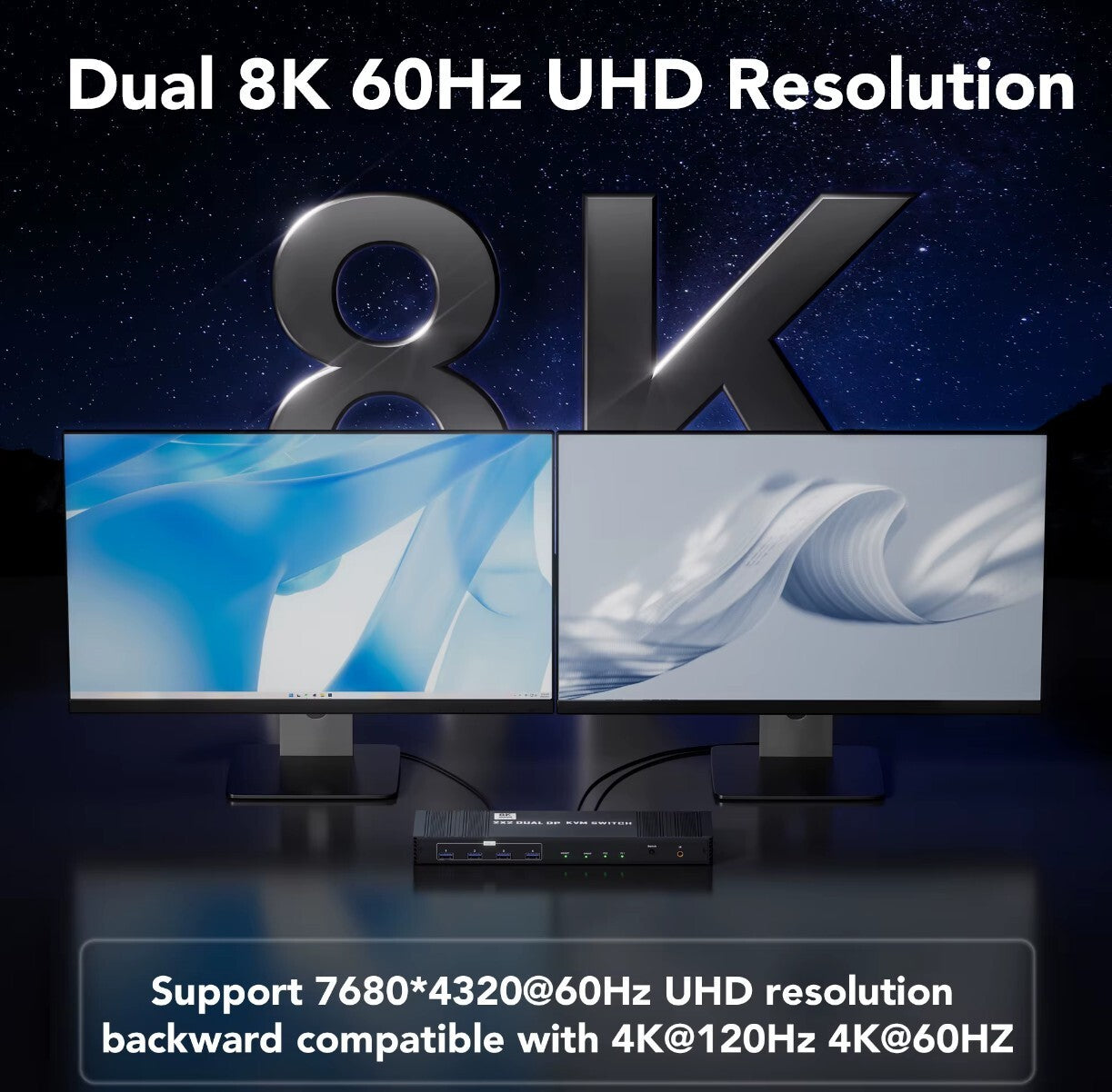 8K Dual DP KVM-Switch 8K@60Hz 4K@120/144Hz 1080P@165Hz 2 PCs 2 Monitore USB 3.0