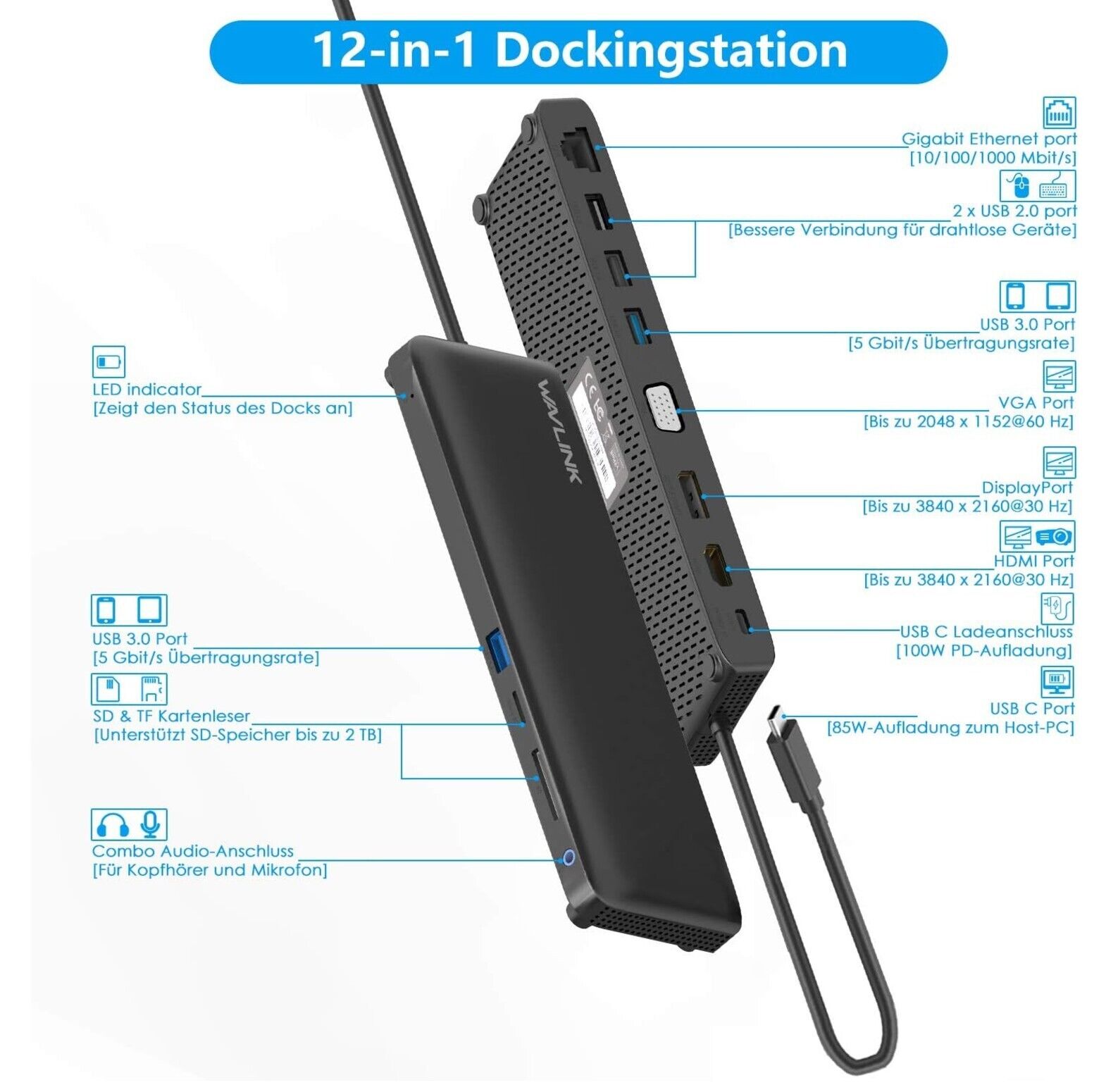 USB-C Dockingstation für Triple Display mit DisplayPort, HDMI und VGA, 100 W PD3