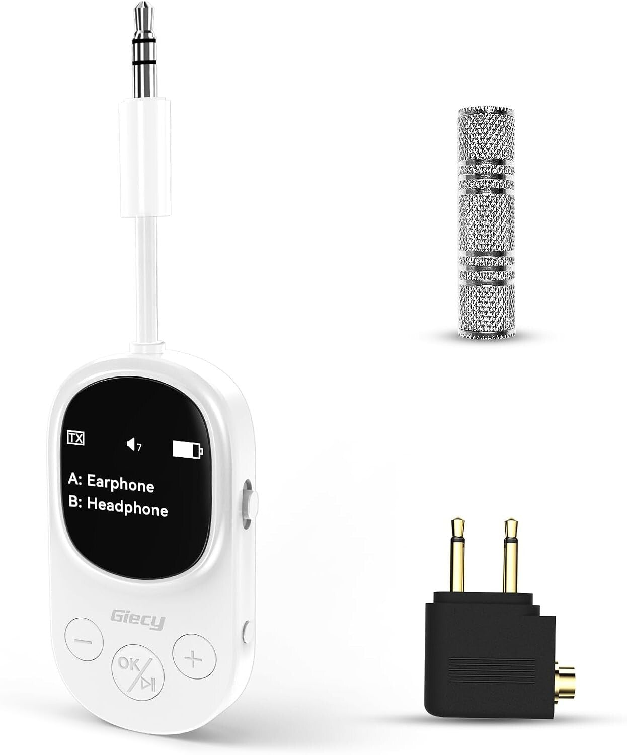 Bluetooth 2in1 Adapter 3,5mm Klinke OLED aptX Flugzeug Weiß