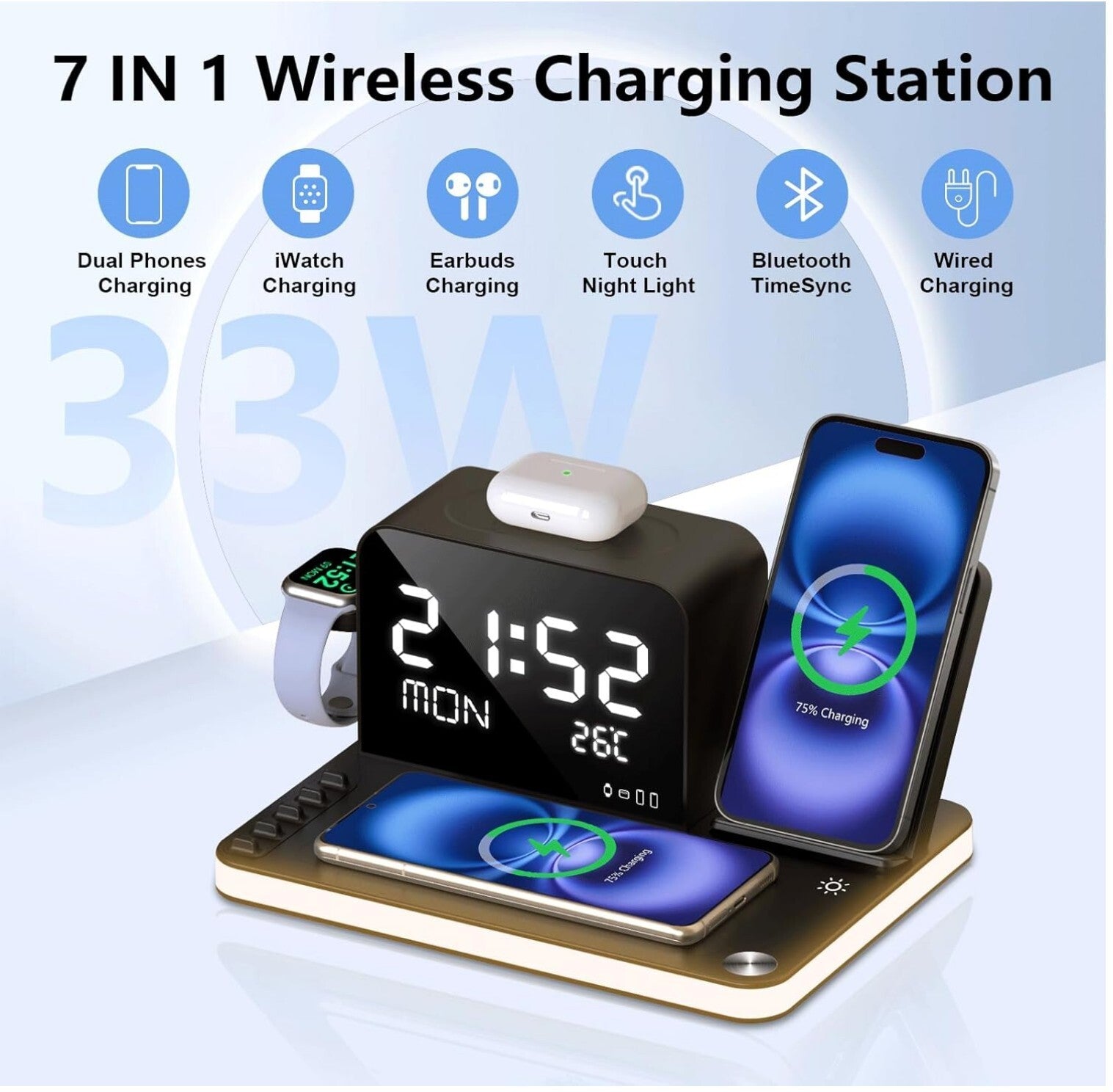 7-in-1 Wireless Ladestation mit Smart-Clock & Nachttischlicht Schwarz