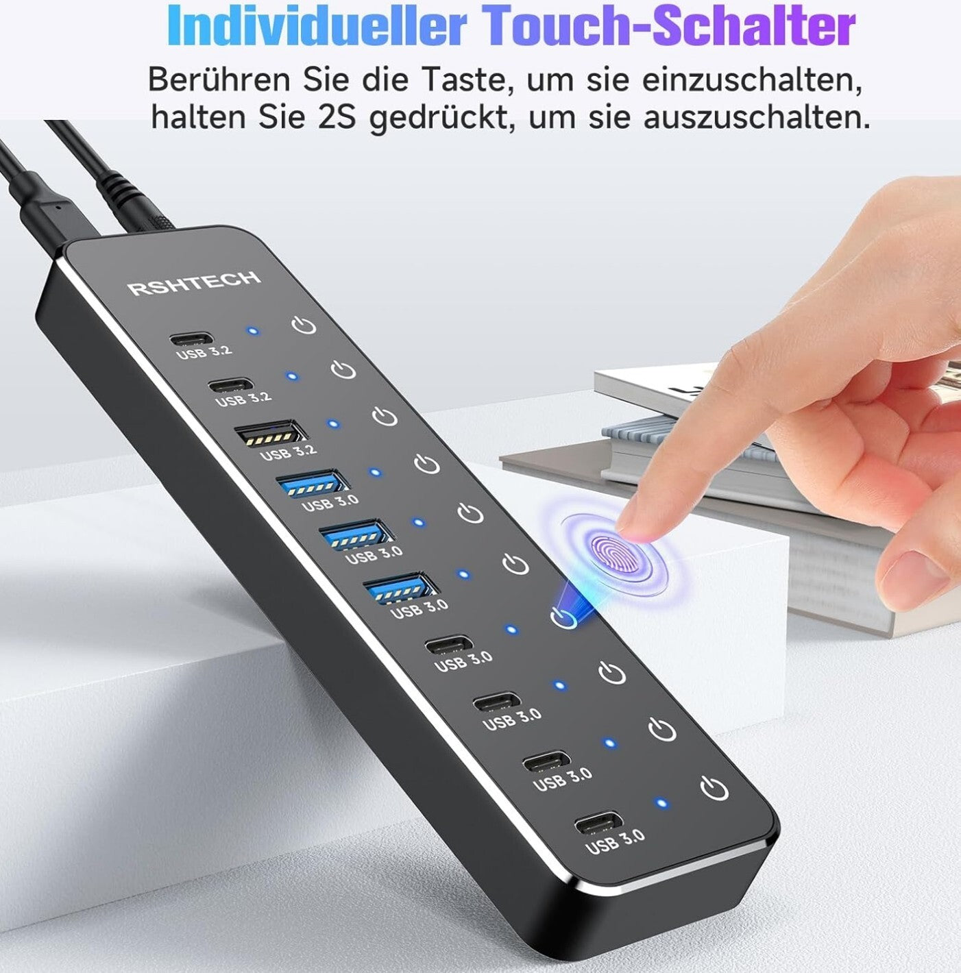 10-Port USB-C Hub 3.2/3.0 mit 60W Netzteil 1m Kabel